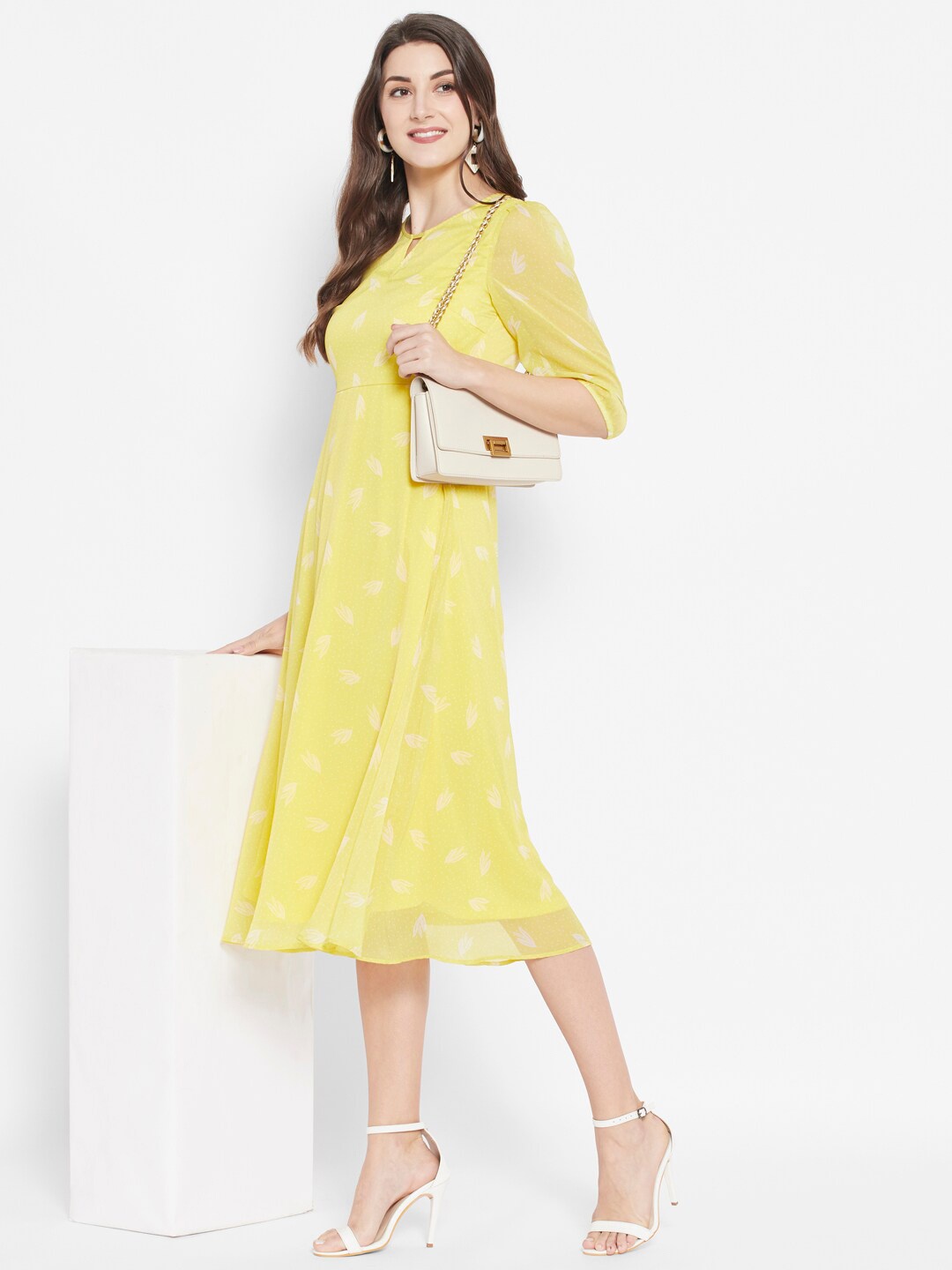 

HOUSE OF KKARMA Ethnic Motifs Print Key-hole Neck Puff Sleeves A-Line Midi Dress, Yellow