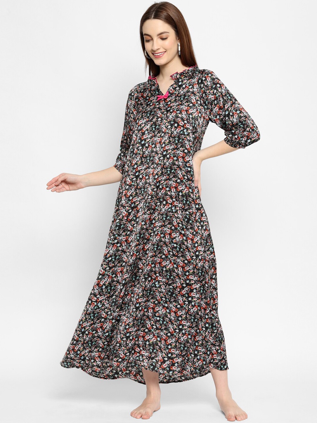 

HOUSE OF KKARMA Mandarin Collar Floral Print Maxi Dress, Black