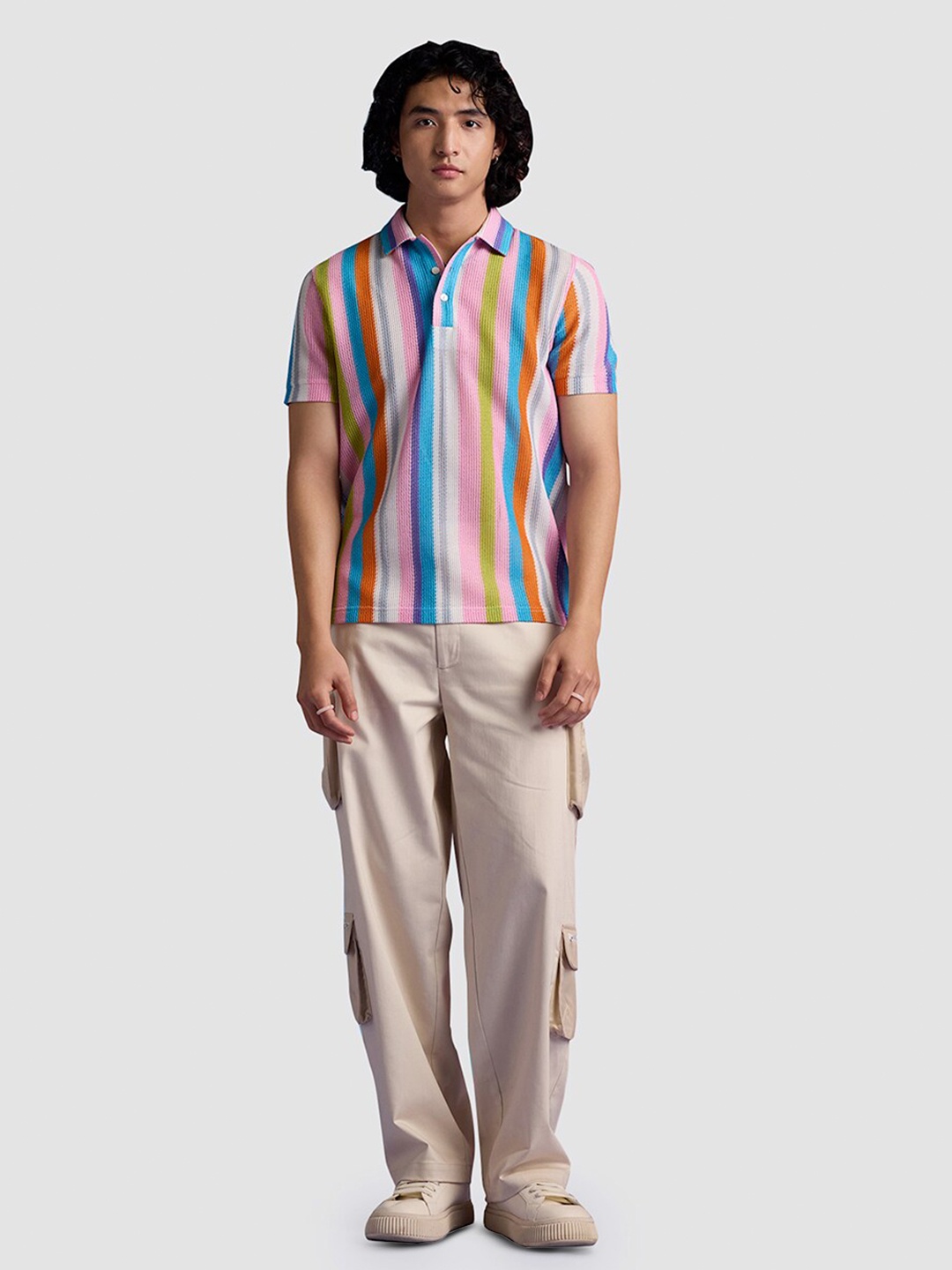 

Muvazo Striped Polo Collar Raw Edge T-shirt, Blue