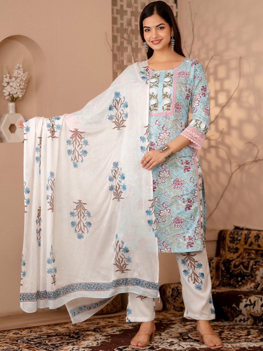 

KALINI Women Floral Printed Regular Kurta with Trousers & With Dupatta, Blue