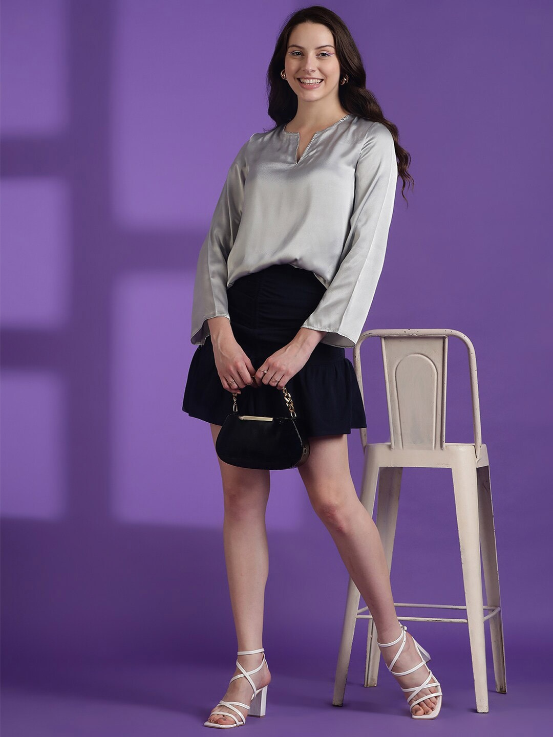 

Stylecast X KOTTY BIZwear Round Neck Long Sleeves Satin Top, Grey