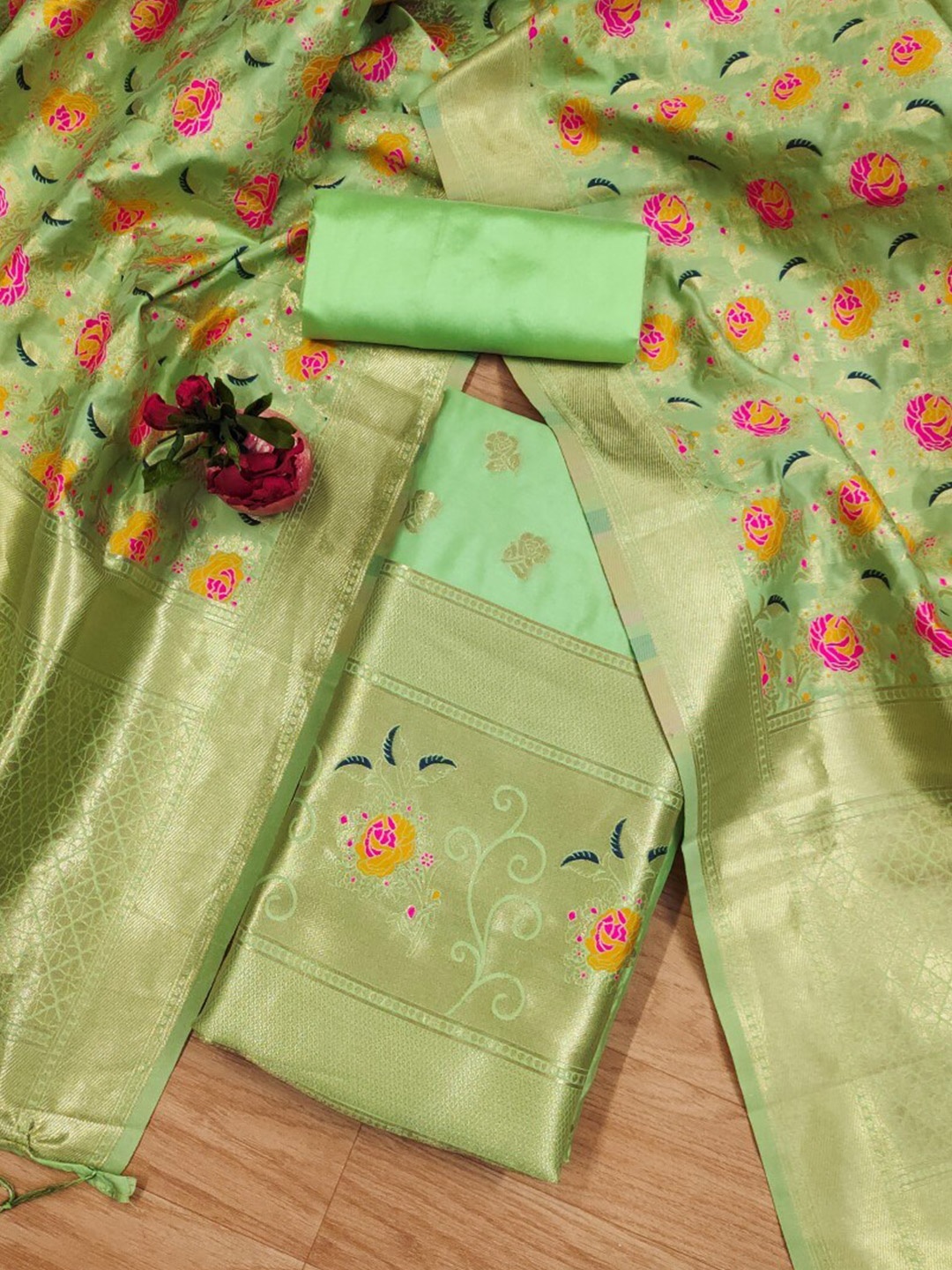

LeeliPeeri Designer Unstitched Dress Material, Lime green