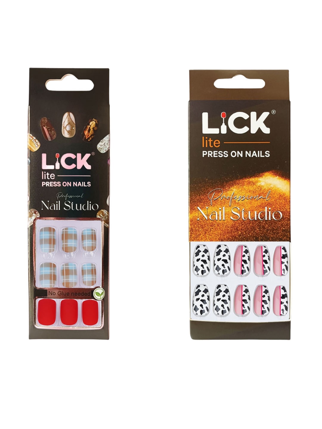 

LICK Set Of 2 Reusable Press On Nails - 12Pcs Each - Red Square & Cow Print