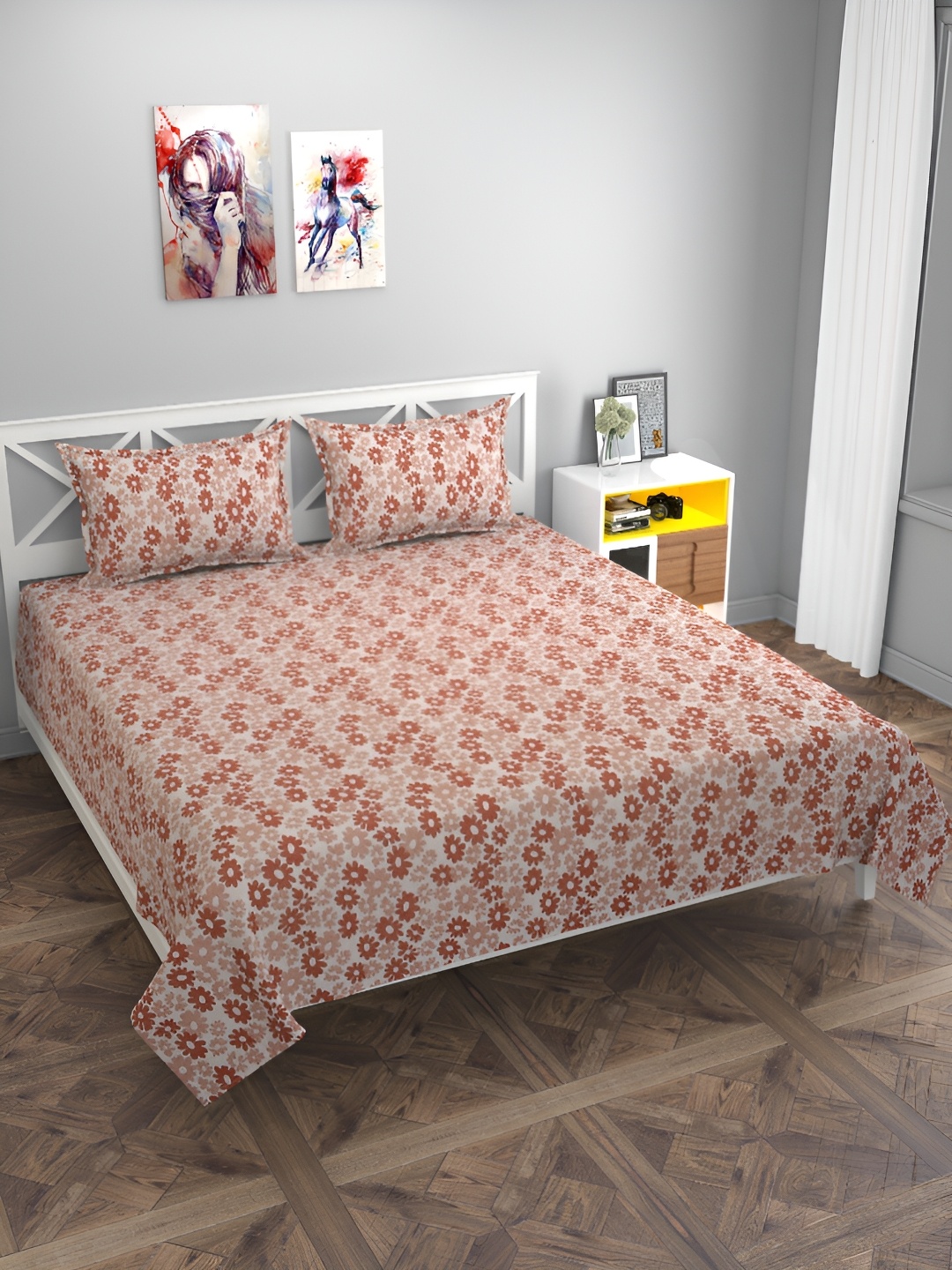 

MULTITEX Rust & Off White Floral 250 TC Queen Bedsheet with 2 Pillow Covers