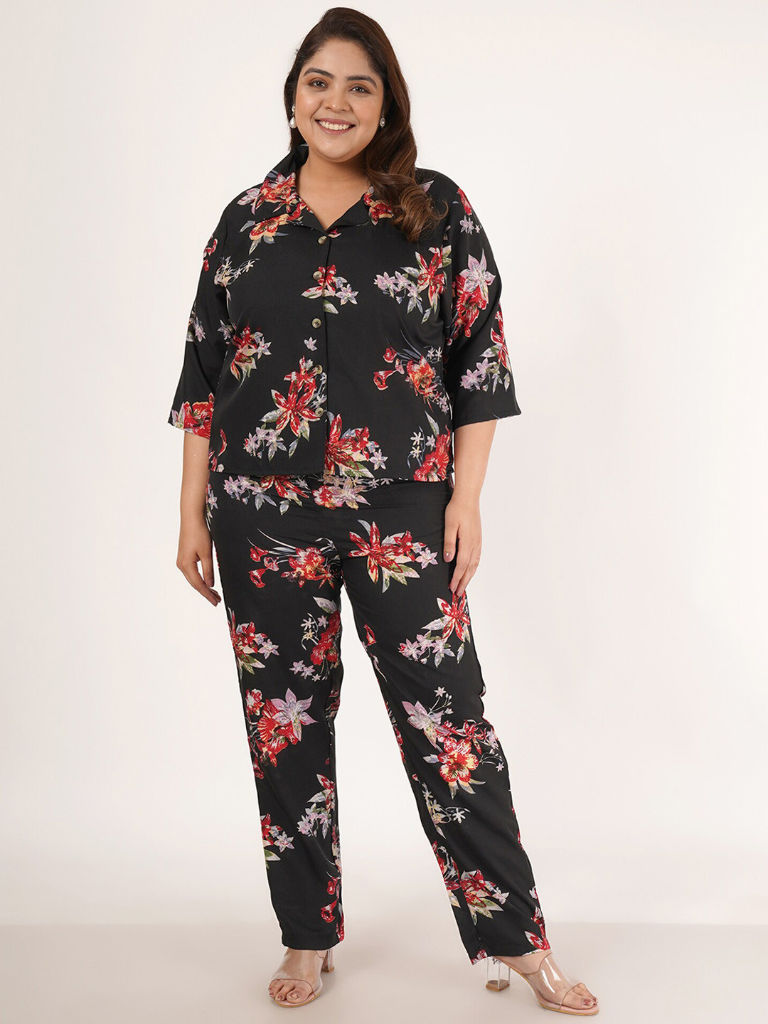 

Flambeur Plus Size Printed Shirt With Trousers Co-Ords, Black