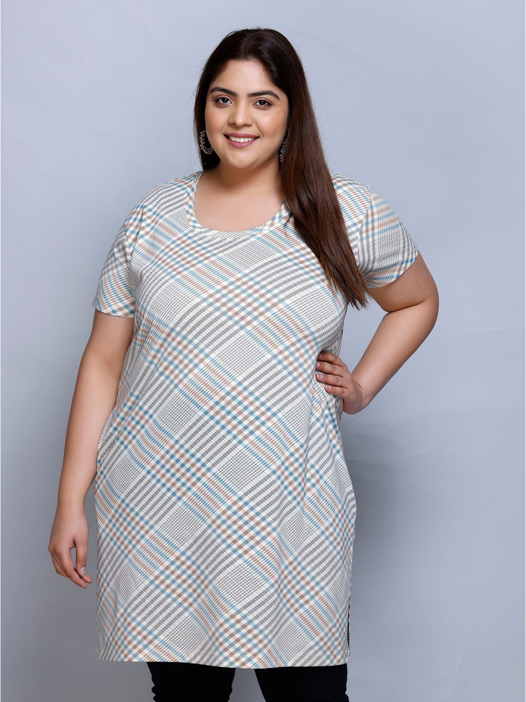 

IN Love Plus Size Checked Round Neck Pure Cotton Tunic, White