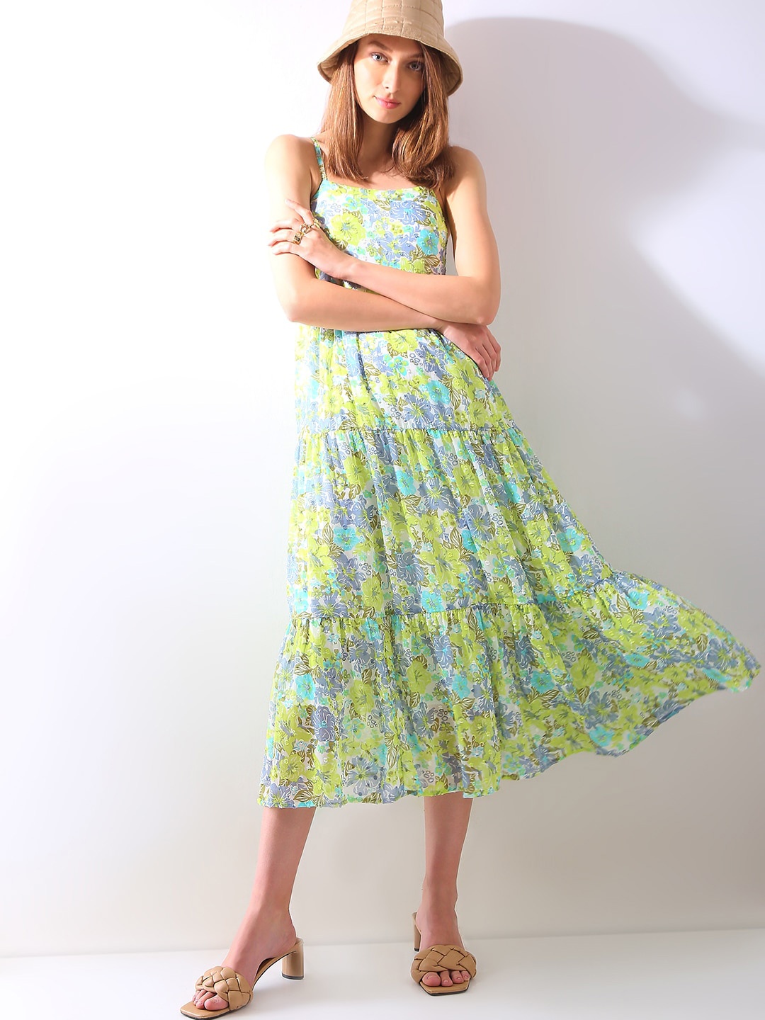 

Vero Moda Floral Print Layered Fit & Flare Midi Dress, Green