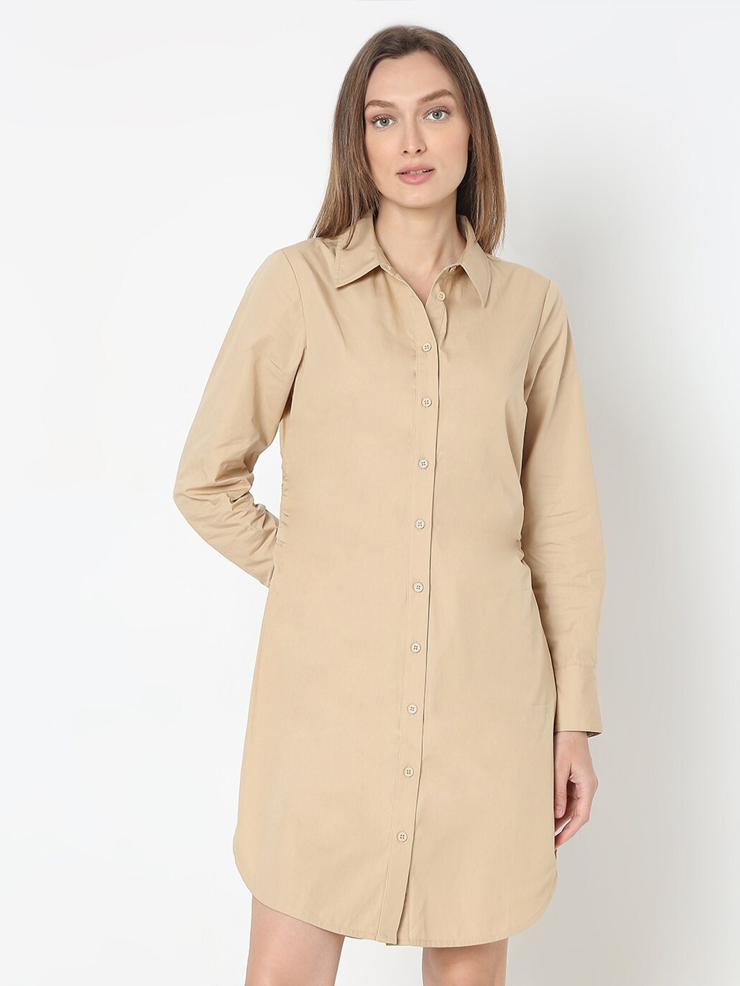 

Vero Moda Shirt Collar Cuffed Sleeves Shirt Dress, Beige