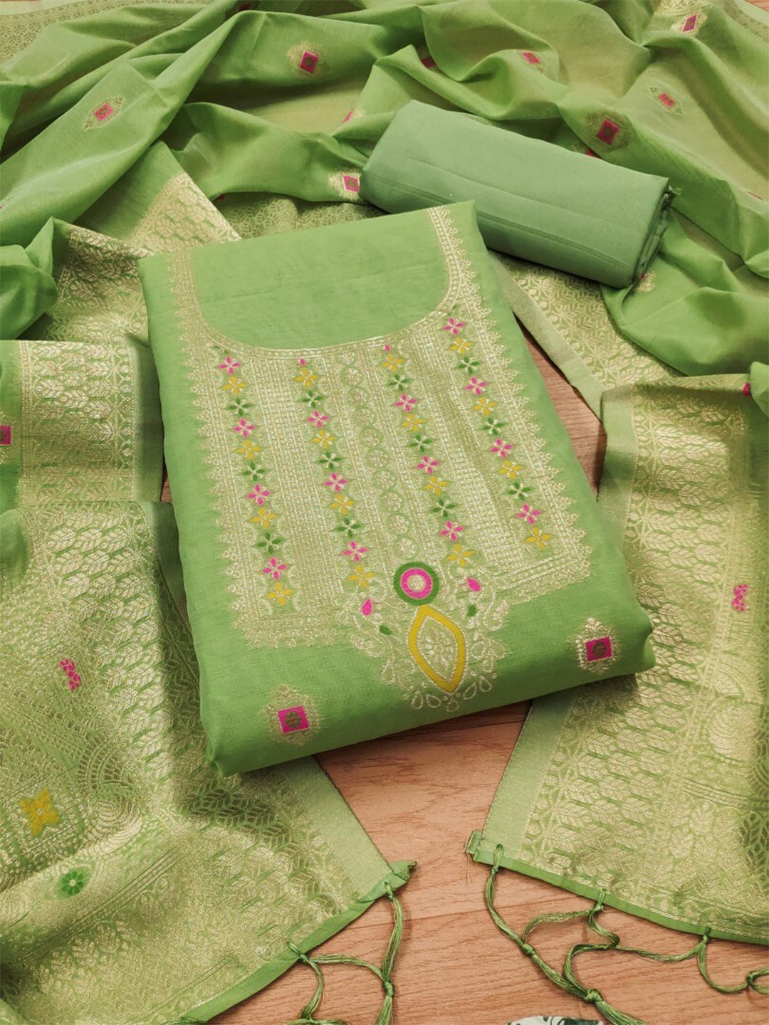 

LeeliPeeri Designer Unstitched Dress Material, Lime green