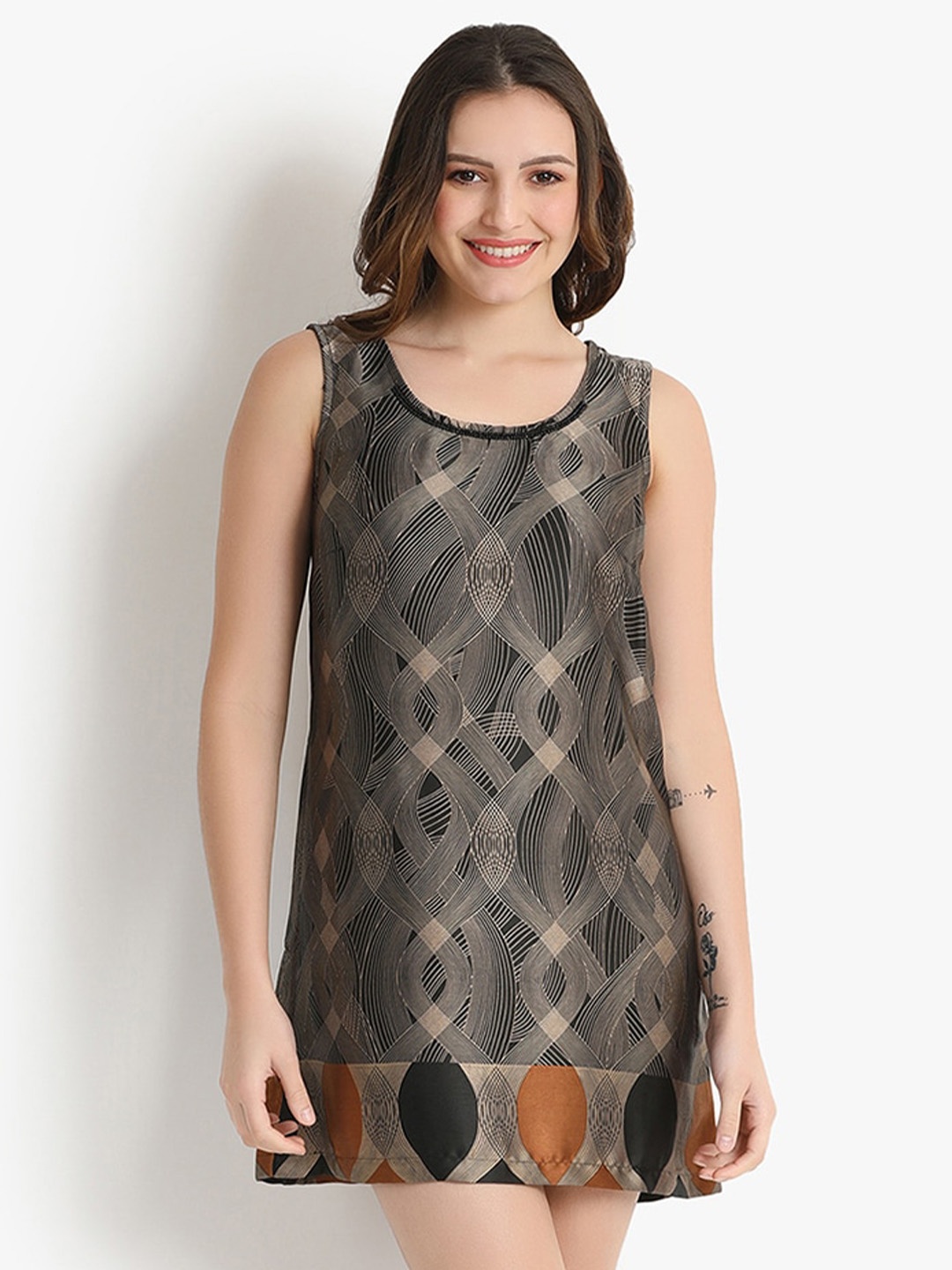 

putsum Round Neck Satin A-Line Mini Dress, Black