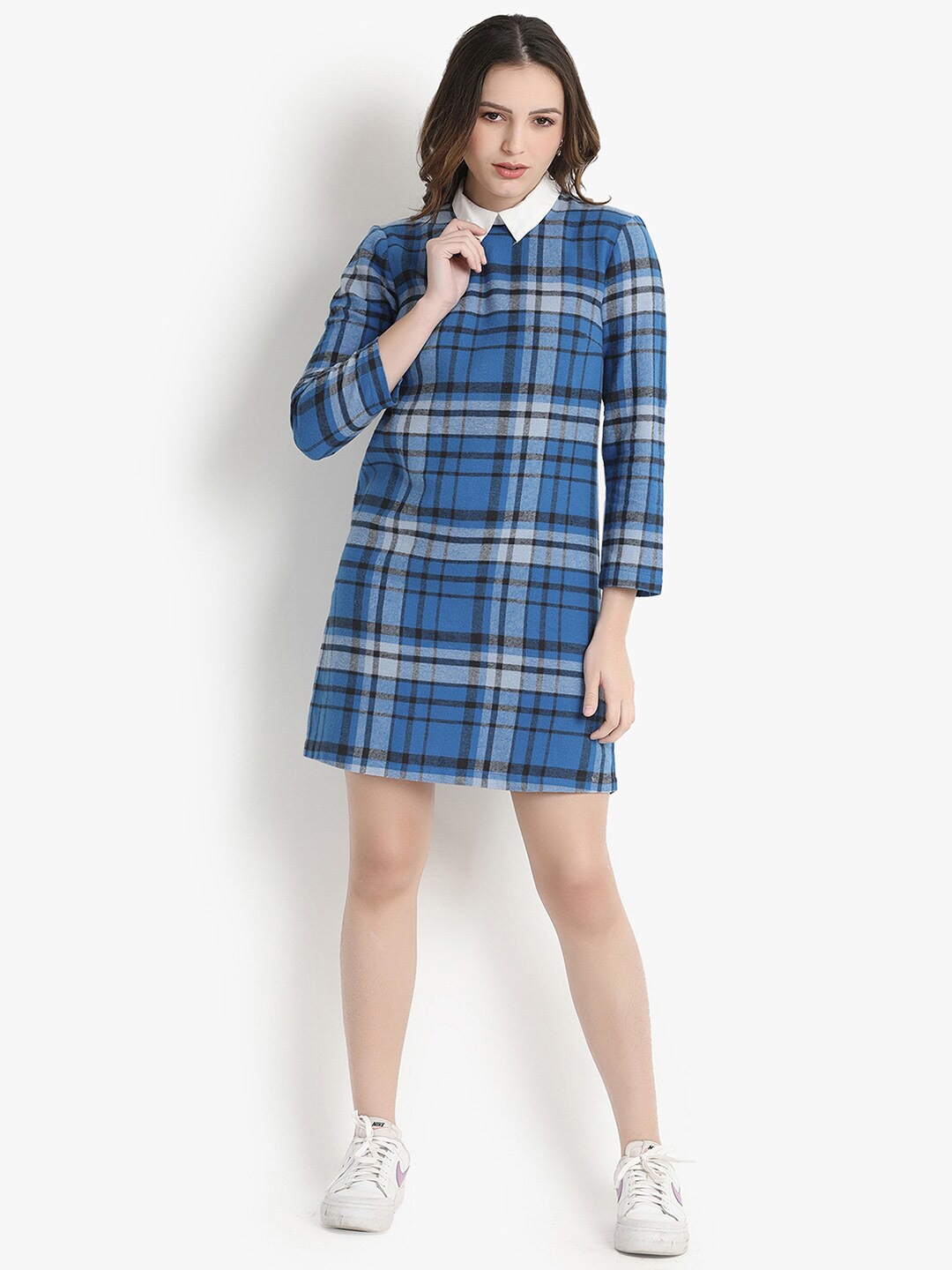 

putsum Checked Shirt Collar Cotton Shirt Dress, Blue
