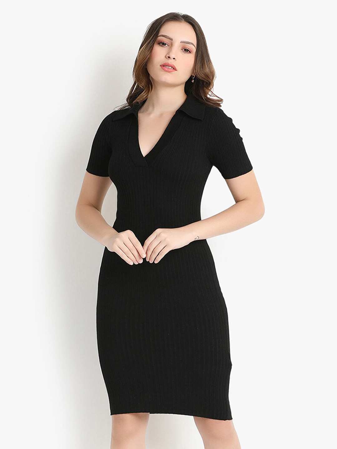 

putsum Shirt Collar Bodycon Dress, Black