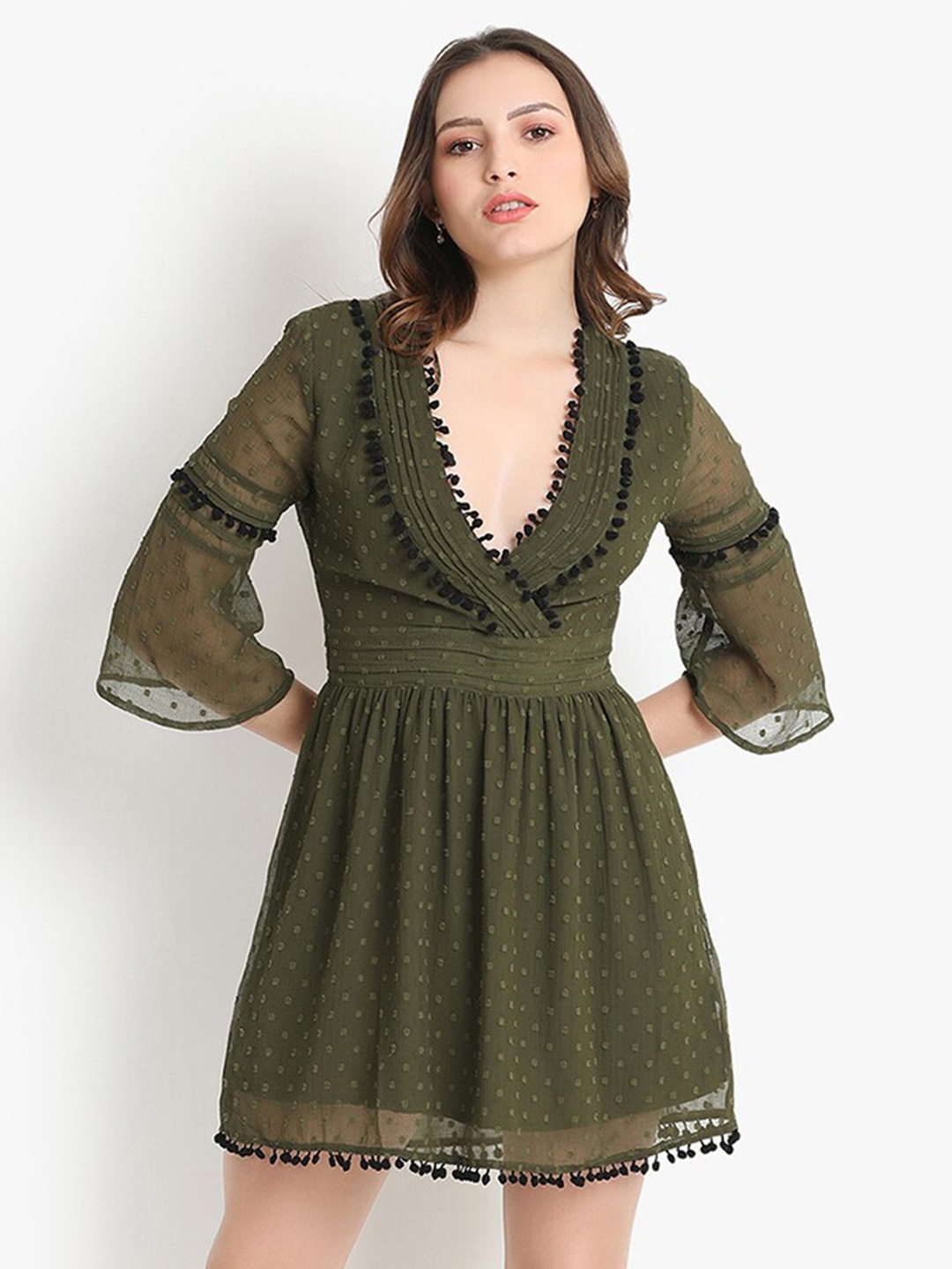 

putsum Bell Sleeve with Pom-Pom Detail Chiffon Fit & Flare Dress, Green
