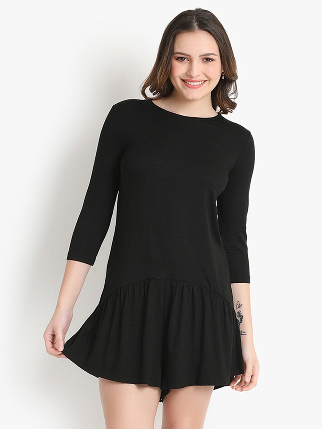 

putsum Round Neck Long Sleeves Mini Dress, Black