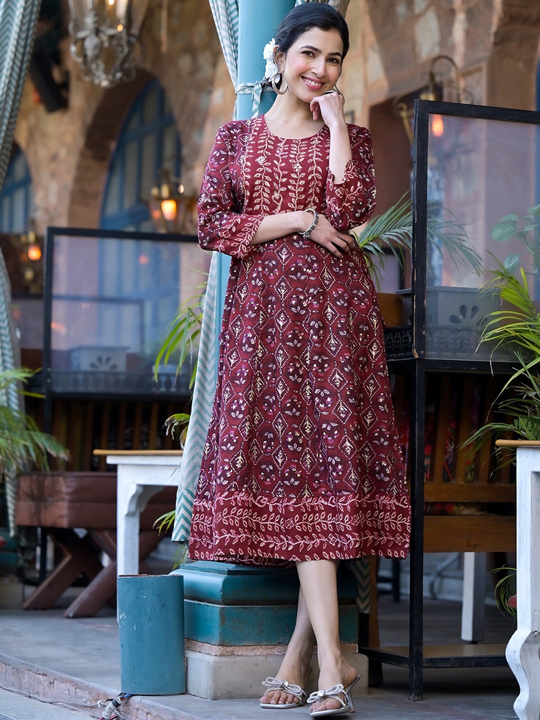

KALINI Floral Printed Mirror Work A-Line Kurta, Maroon