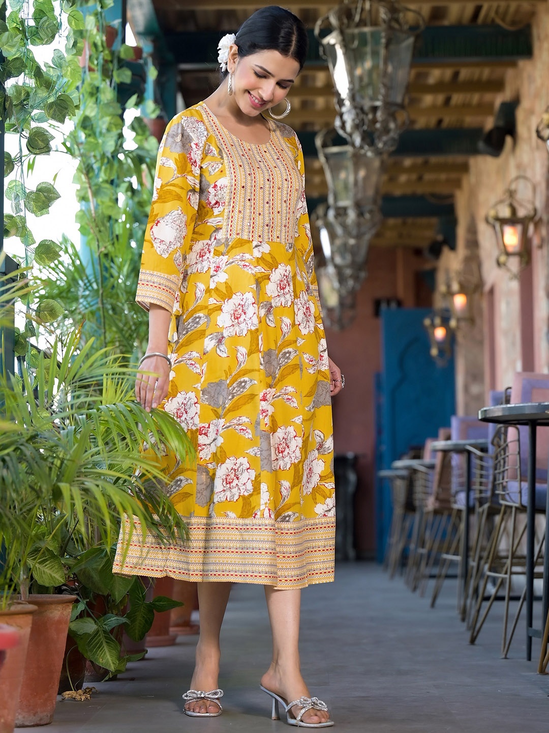

KALINI Floral Printed Thread Work A-Line Kurta, Yellow
