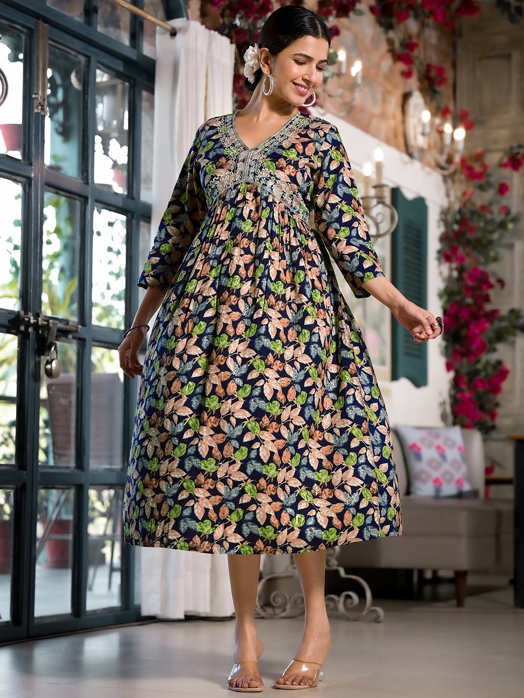 

KALINI Floral Printed Embroidered Empire Midi Dress, Navy blue