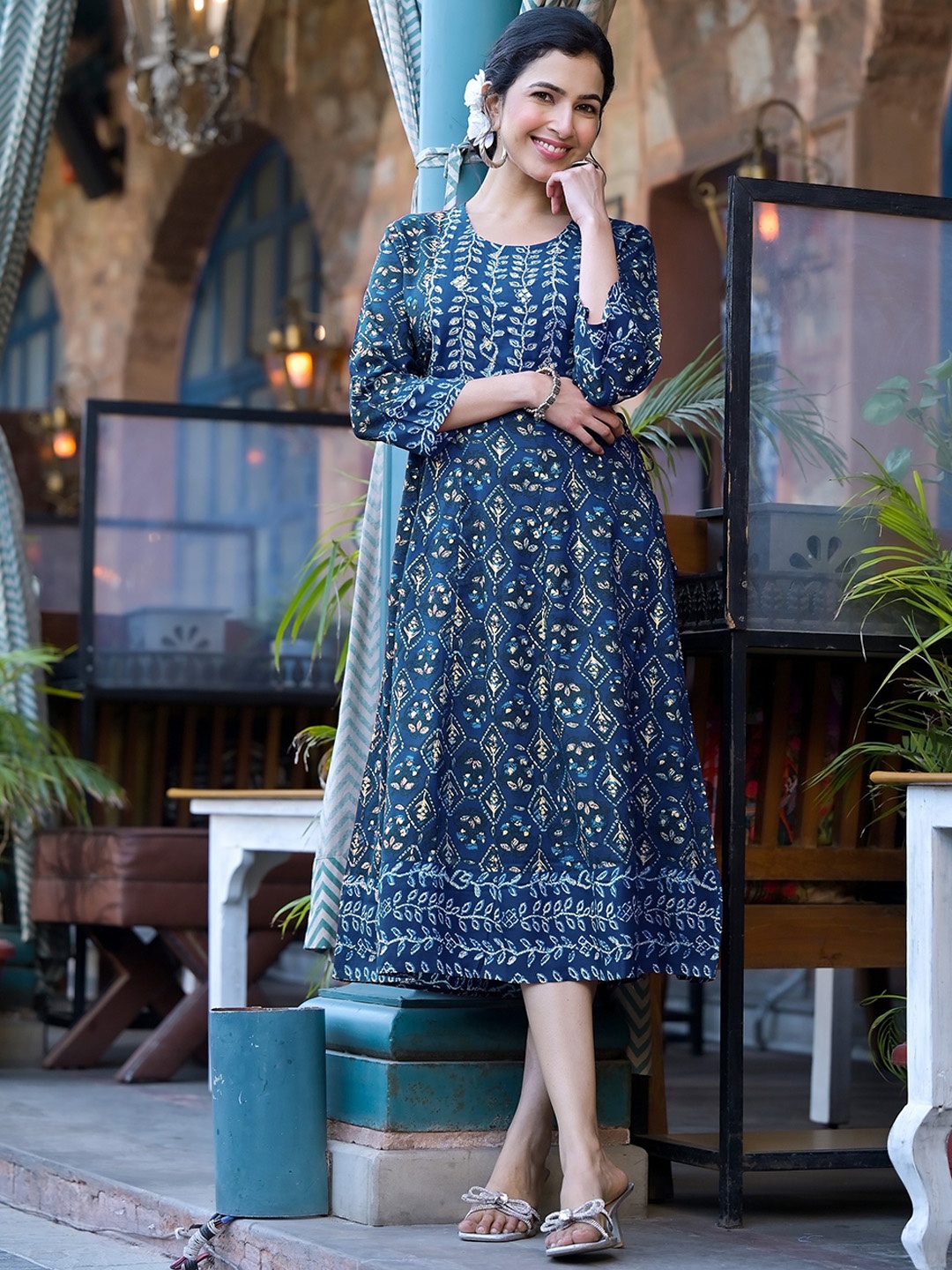 

KALINI Ethnic Motifs Motifs Printed Mirror Work Anarkali Kurta, Navy blue