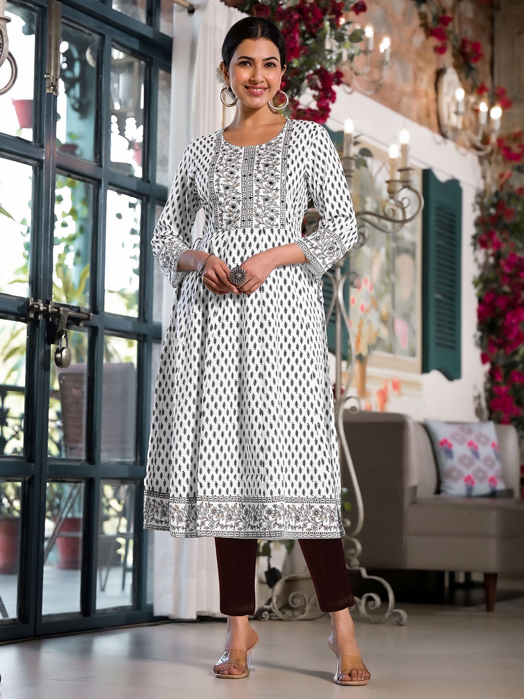 KALINI Ethnic Motifs Motifs Printed Mirror Work Anarkali Kurta, White