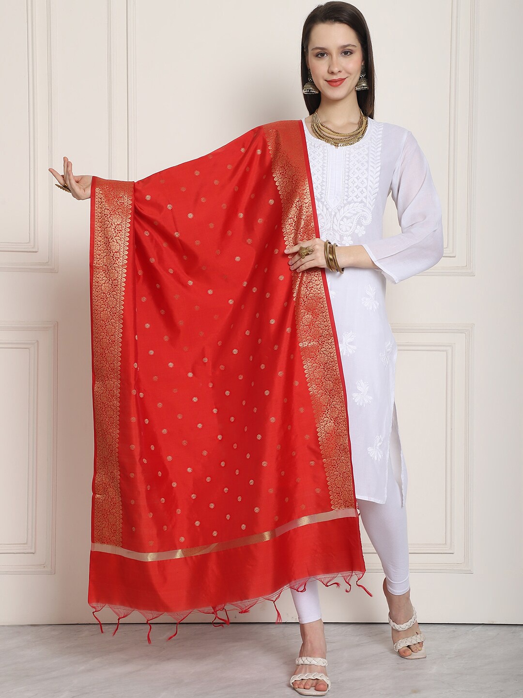 

LOOM LEGACY Woven Design Art Silk Foil Print Dupatta with Zari, Red