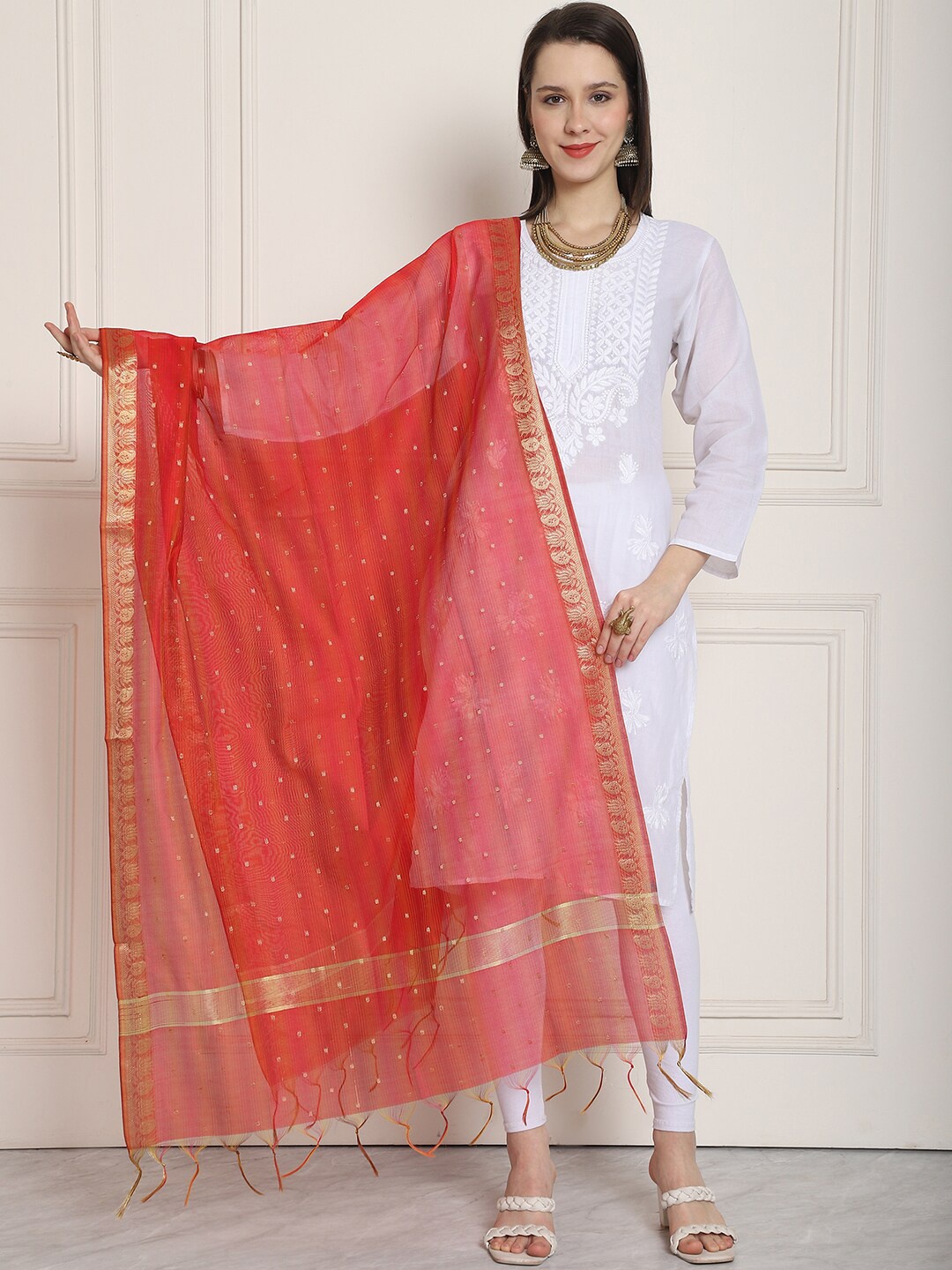 

LOOM LEGACY Ethnic Motifs Woven Design Dupatta with Zari, Red