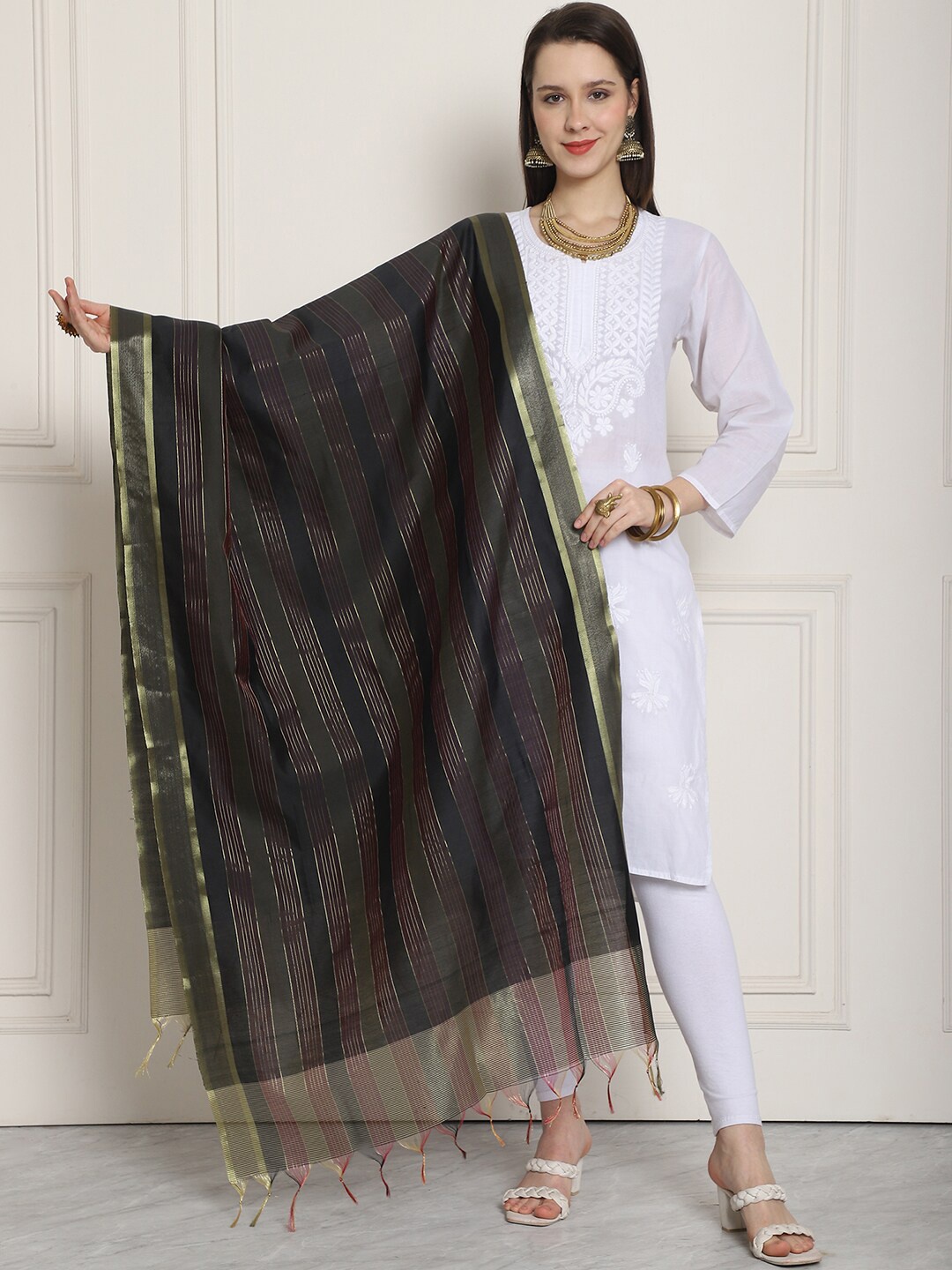 

LOOM LEGACY Woven Design Art Silk Dupatta with Zari, Black