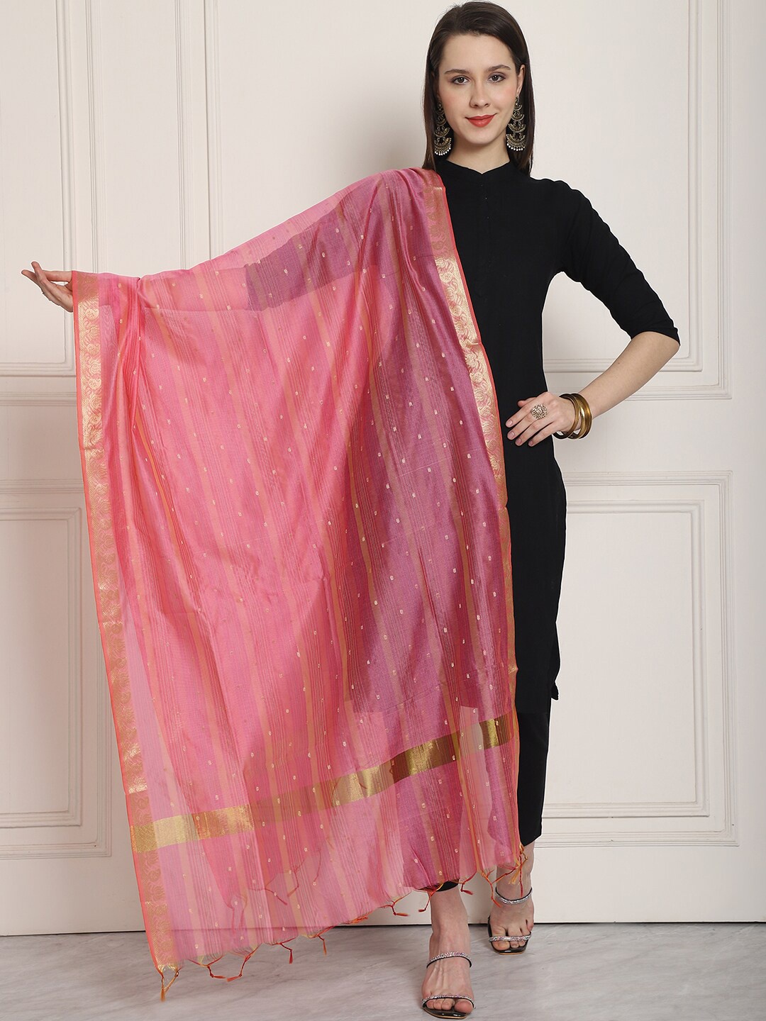 

LOOM LEGACY Woven Design Dupatta with Zari, Pink