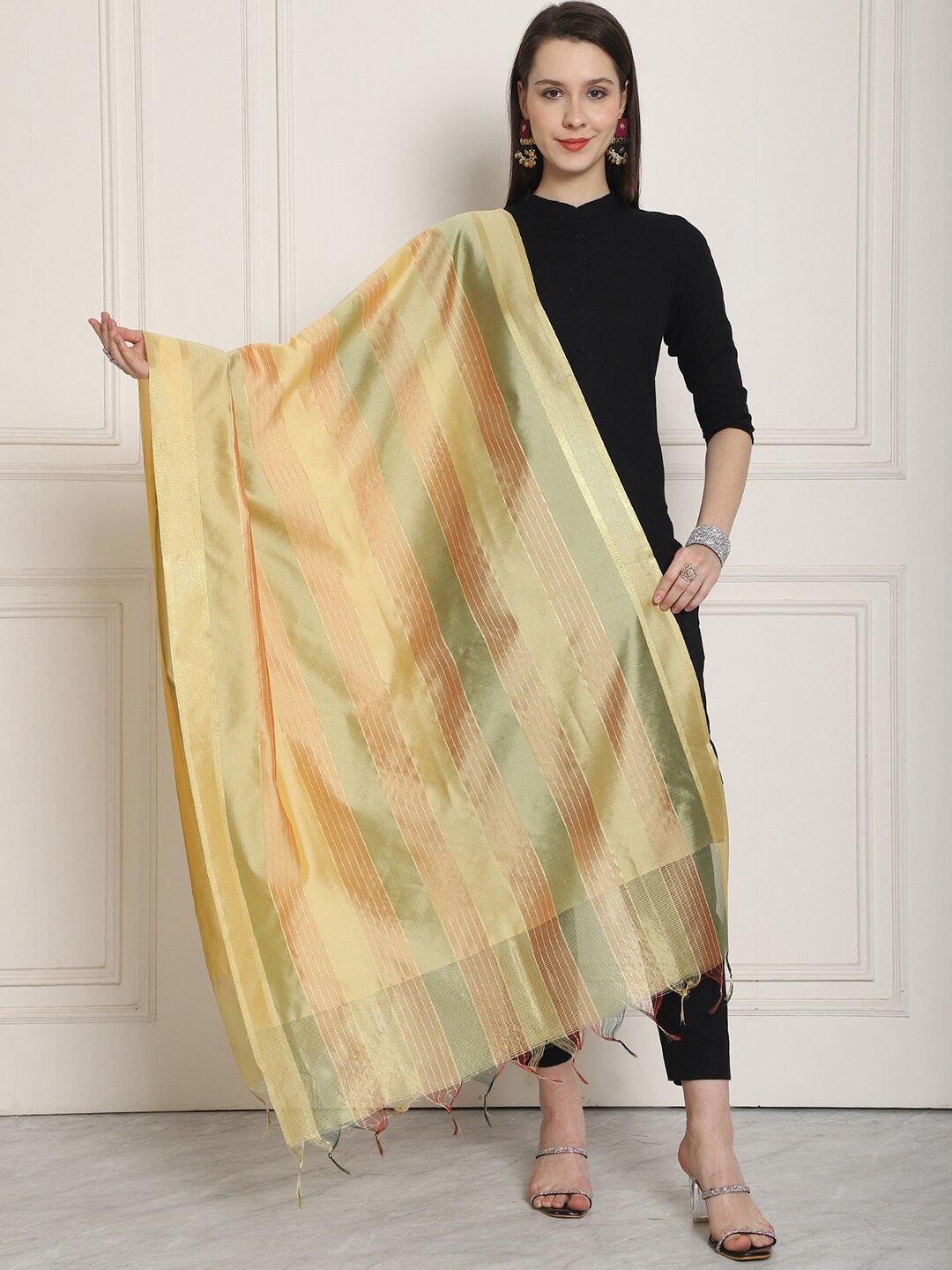 

LOOM LEGACY Striped Art Silk Dupatta with Zari, Gold