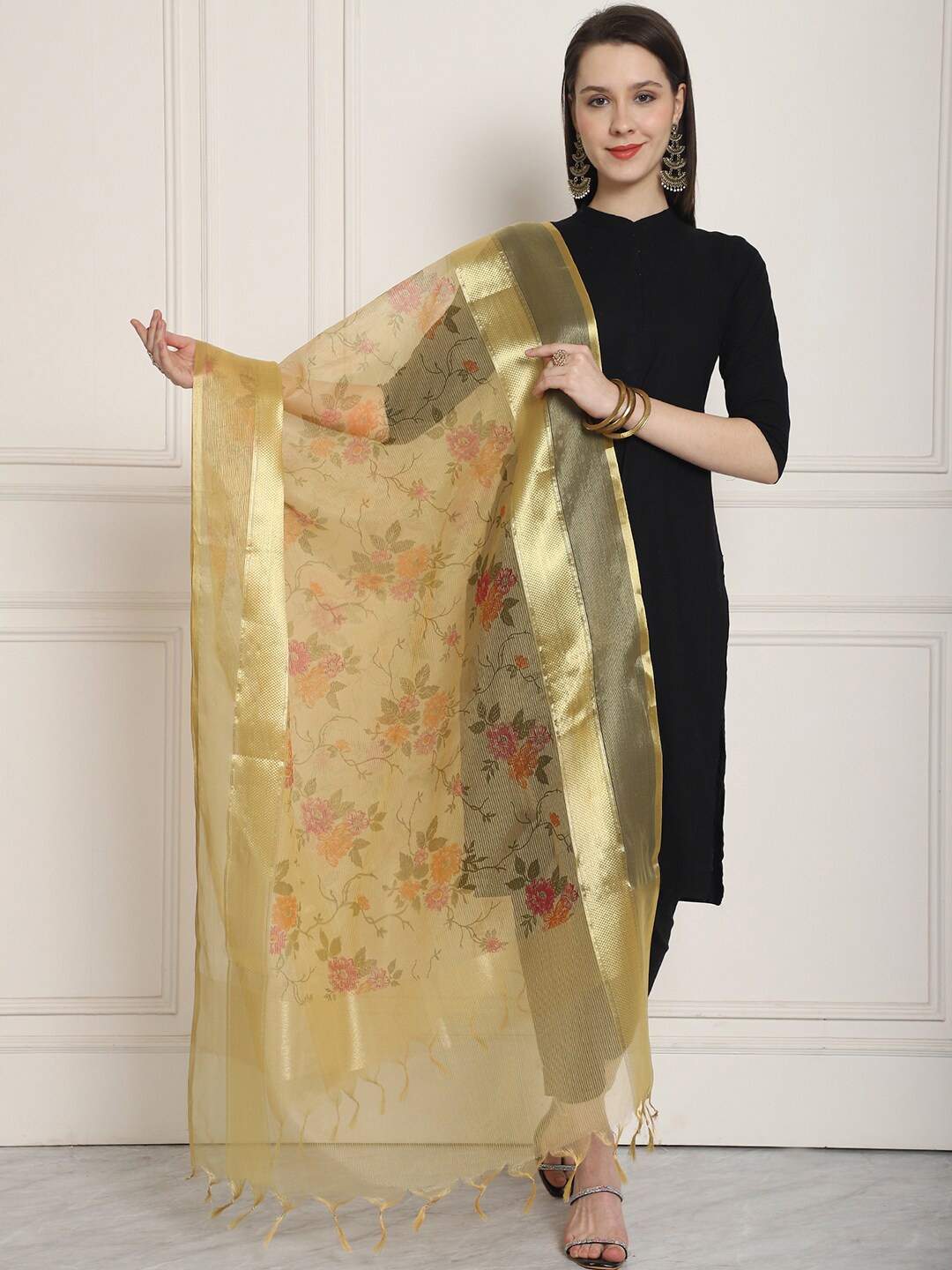 

LOOM LEGACY Printed Organza Dupatta with Zari, Gold