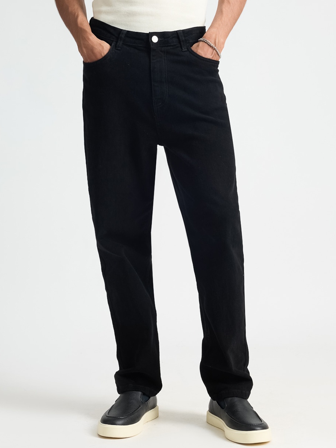 

FREAKINS Men Straight Fit Mid-Rise Clean Look Pure Cotton Jeans, Black