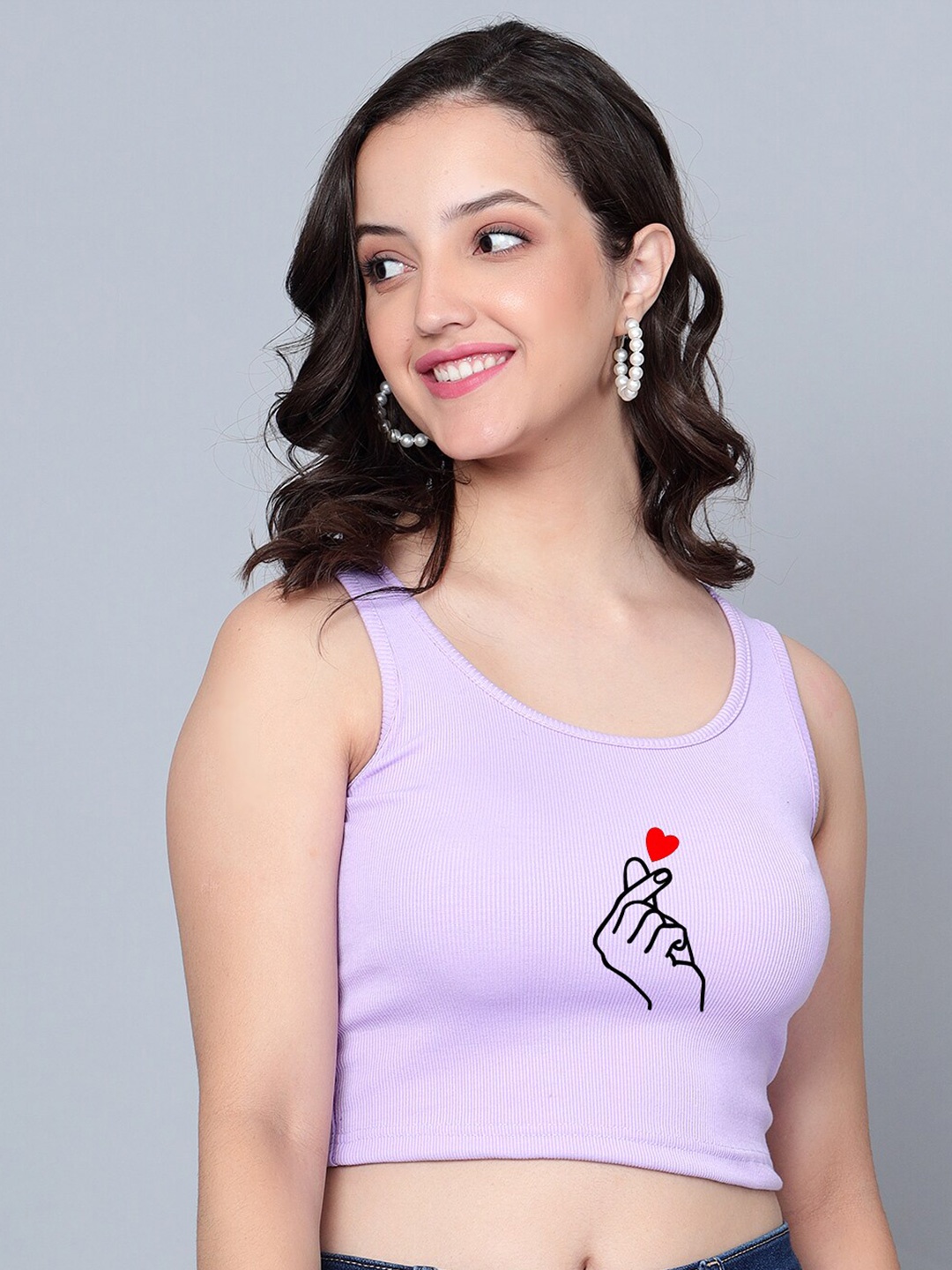 

Fashion And Youth Graphic Printed Ribbed Fitted Crop Top, Lavender
