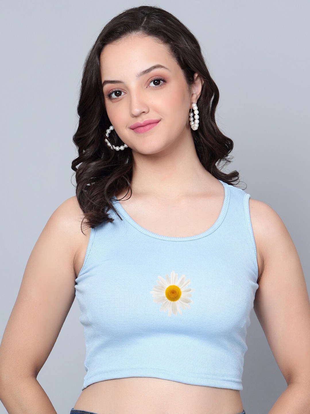 

Fashion And Youth Graphic Printed Sleeveless Fitted Crop Top, Turquoise blue