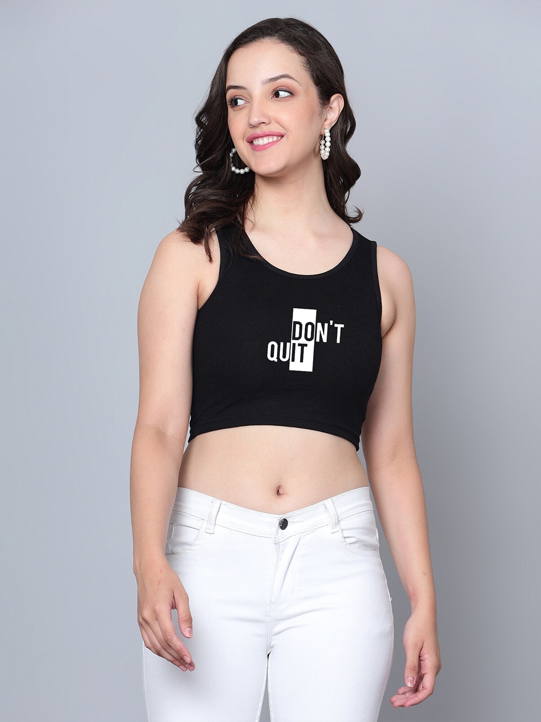 

Fashion And Youth Typography Printed Sleeveless Fitted Crop Top, Black