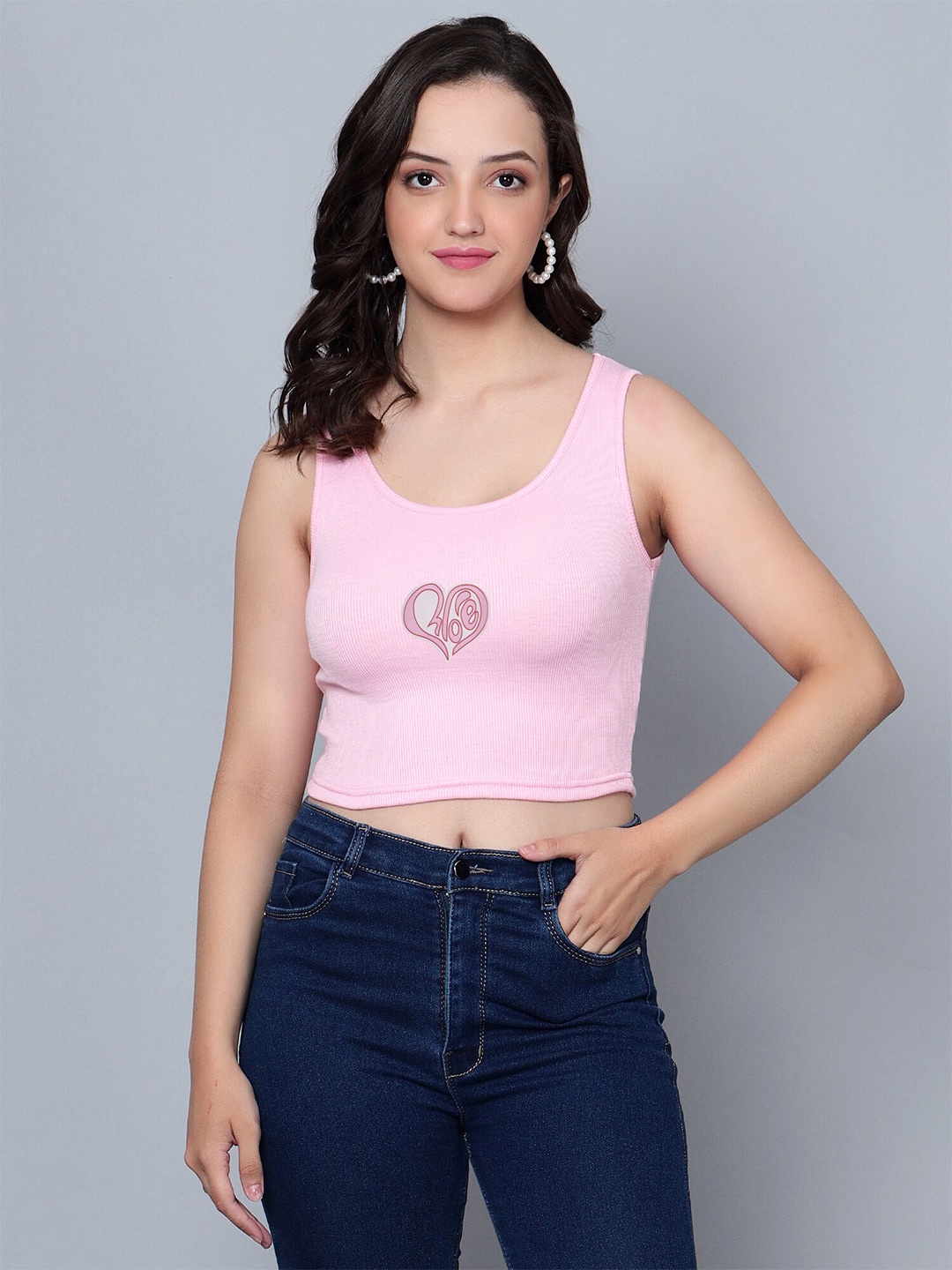 

Fashion And Youth Graphic Printed Round Neck Sleeveless Cotton Crop Top, Pink