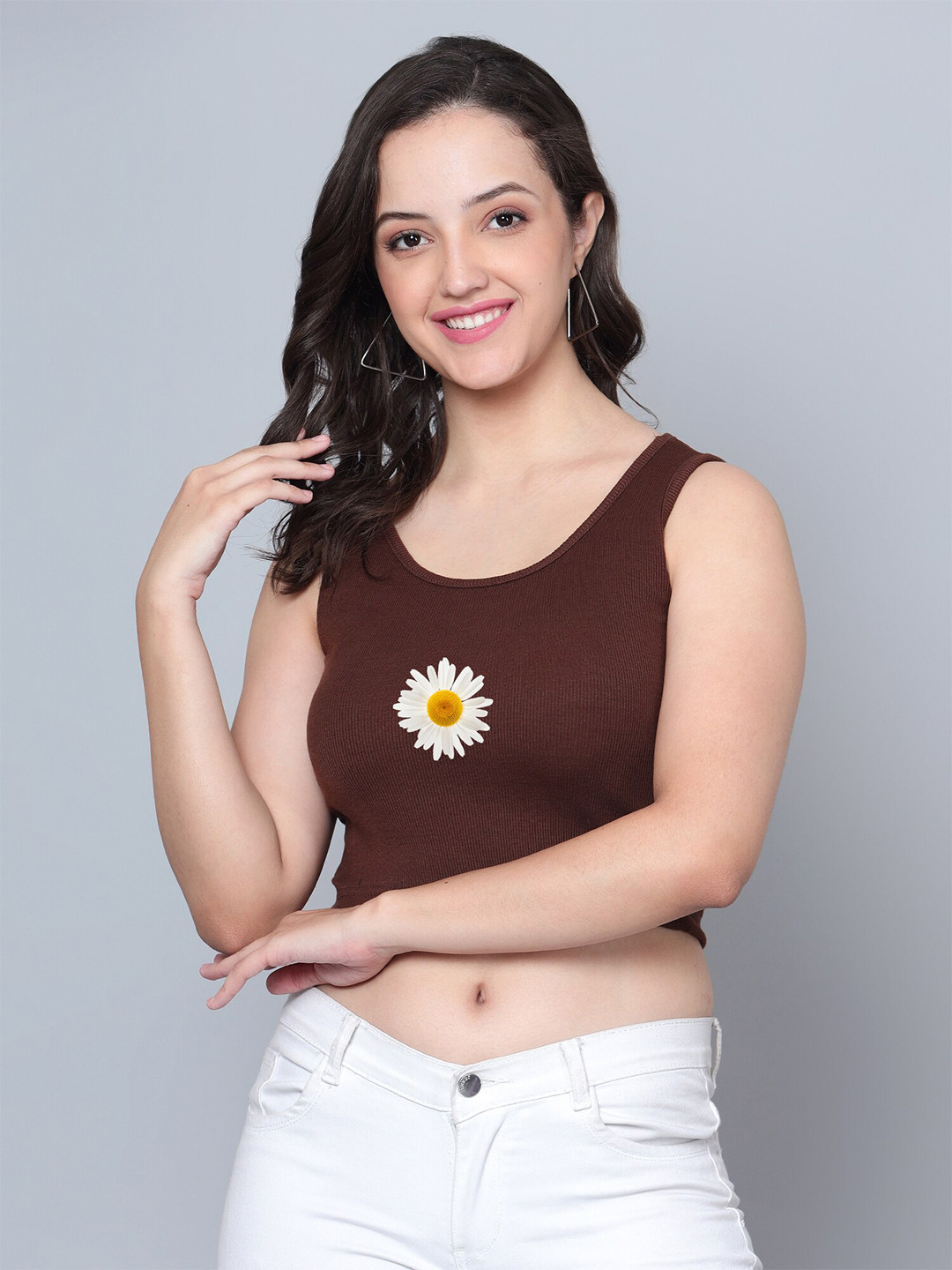 

Fashion And Youth Floral Printed Ribbed Fitted Crop Top, Coffee brown