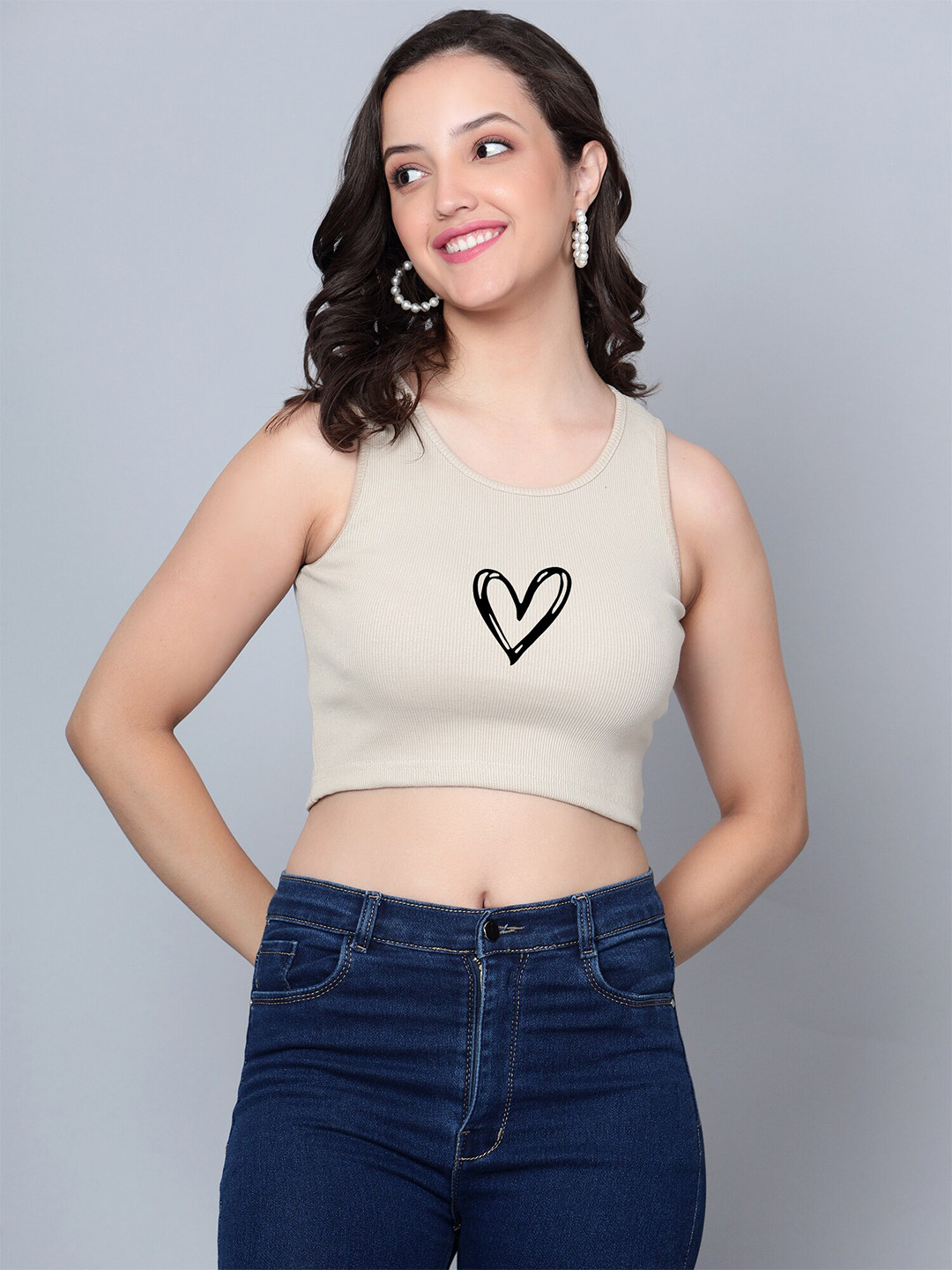 

Fashion And Youth Graphic Printed Tank Crop Top, Beige