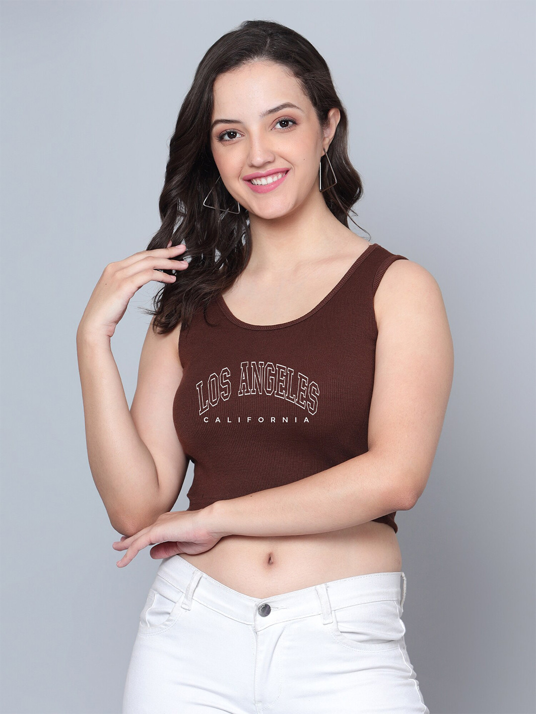 

Fashion And Youth Typography Printed Sleeveless Fitted Crop Top, Coffee brown