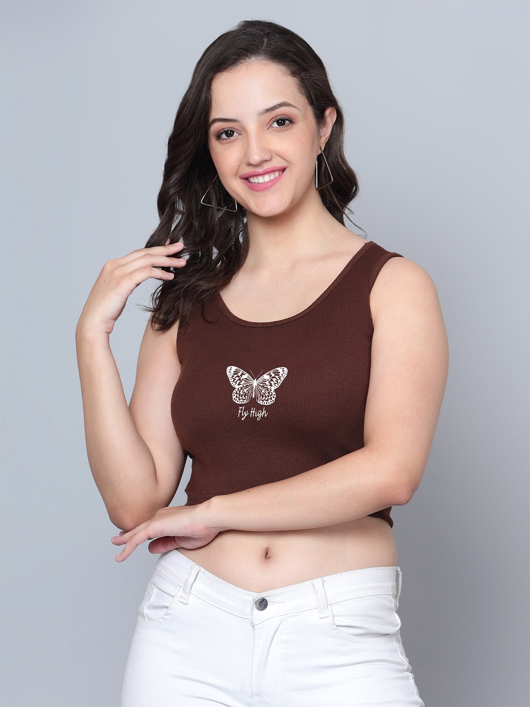 

Fashion And Youth Round Neck Sleeveless Crop Top, Coffee brown