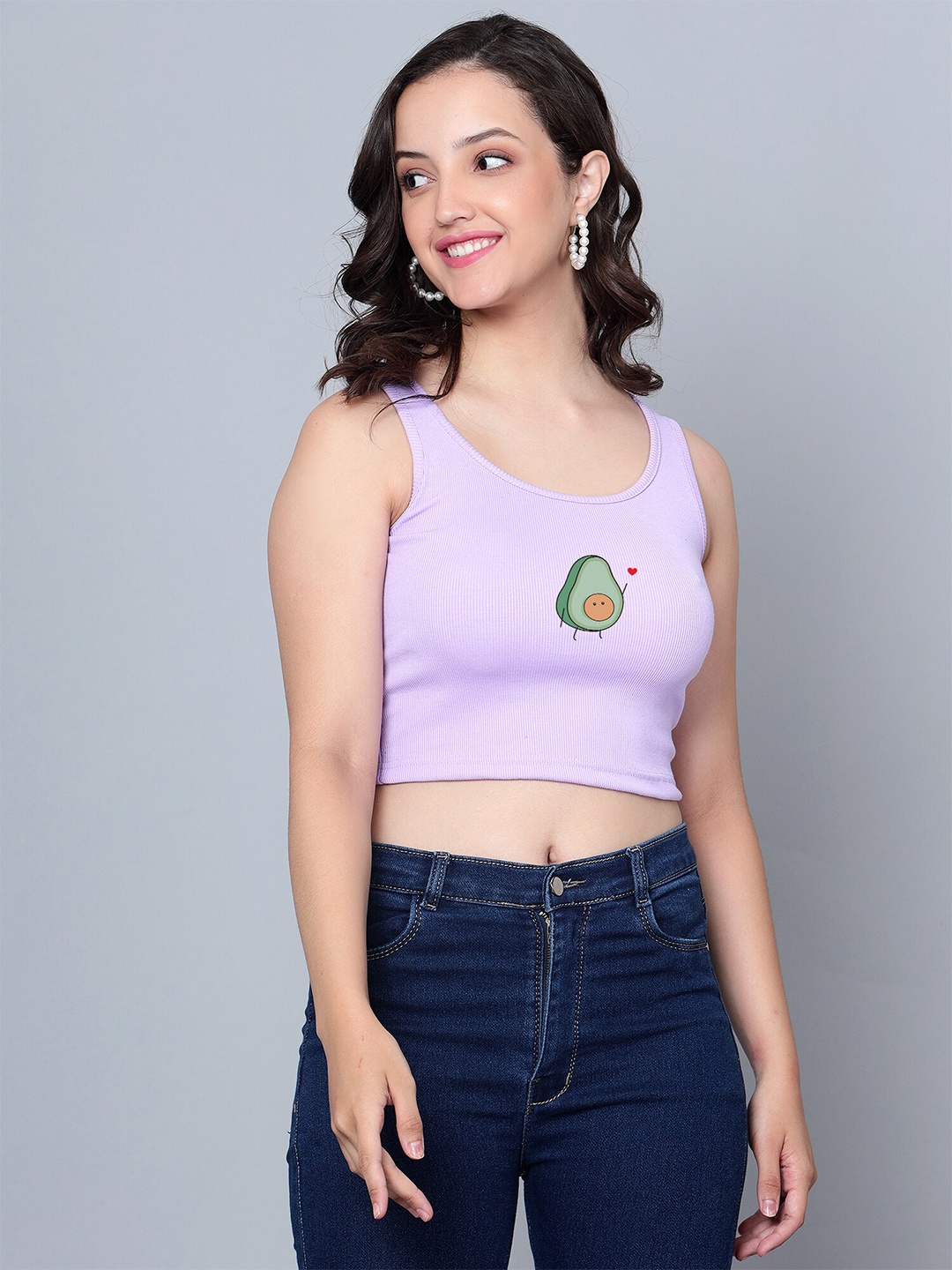 

Fashion And Youth Graphic Printed Round Neck Sleeveless Cotton Crop Top, Lavender