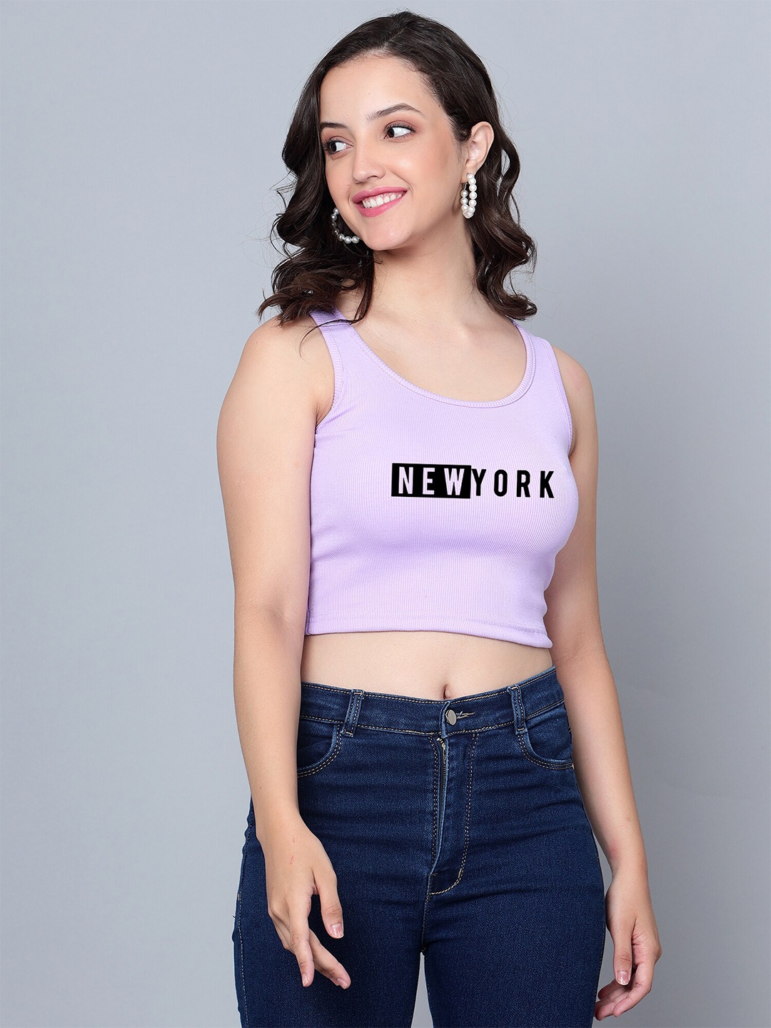

Fashion And Youth Typography Printed Ribbed Fitted Crop Top, Lavender