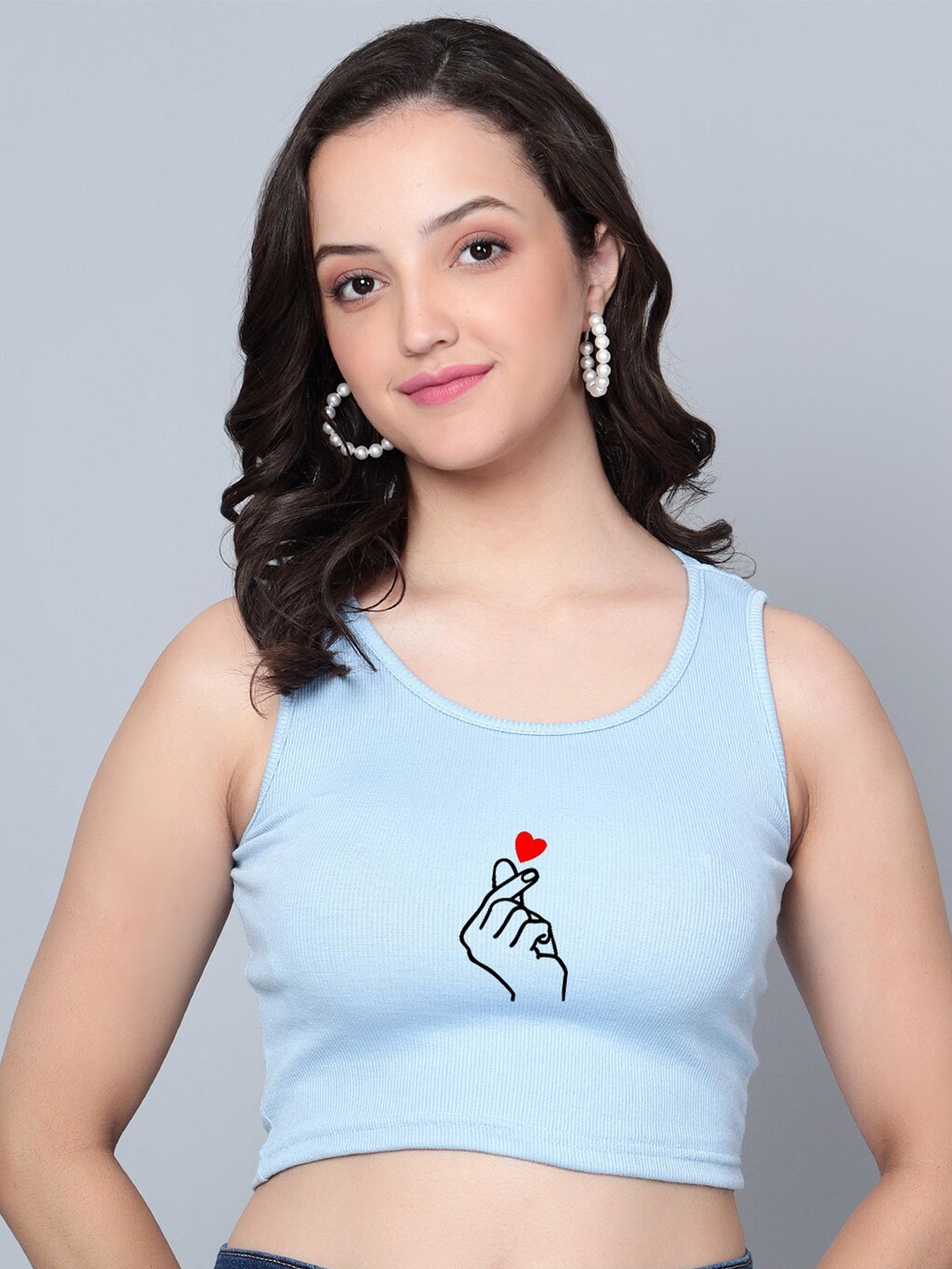 

Fashion And Youth Printed Round Neck Sleeveless Crop Top, Turquoise blue