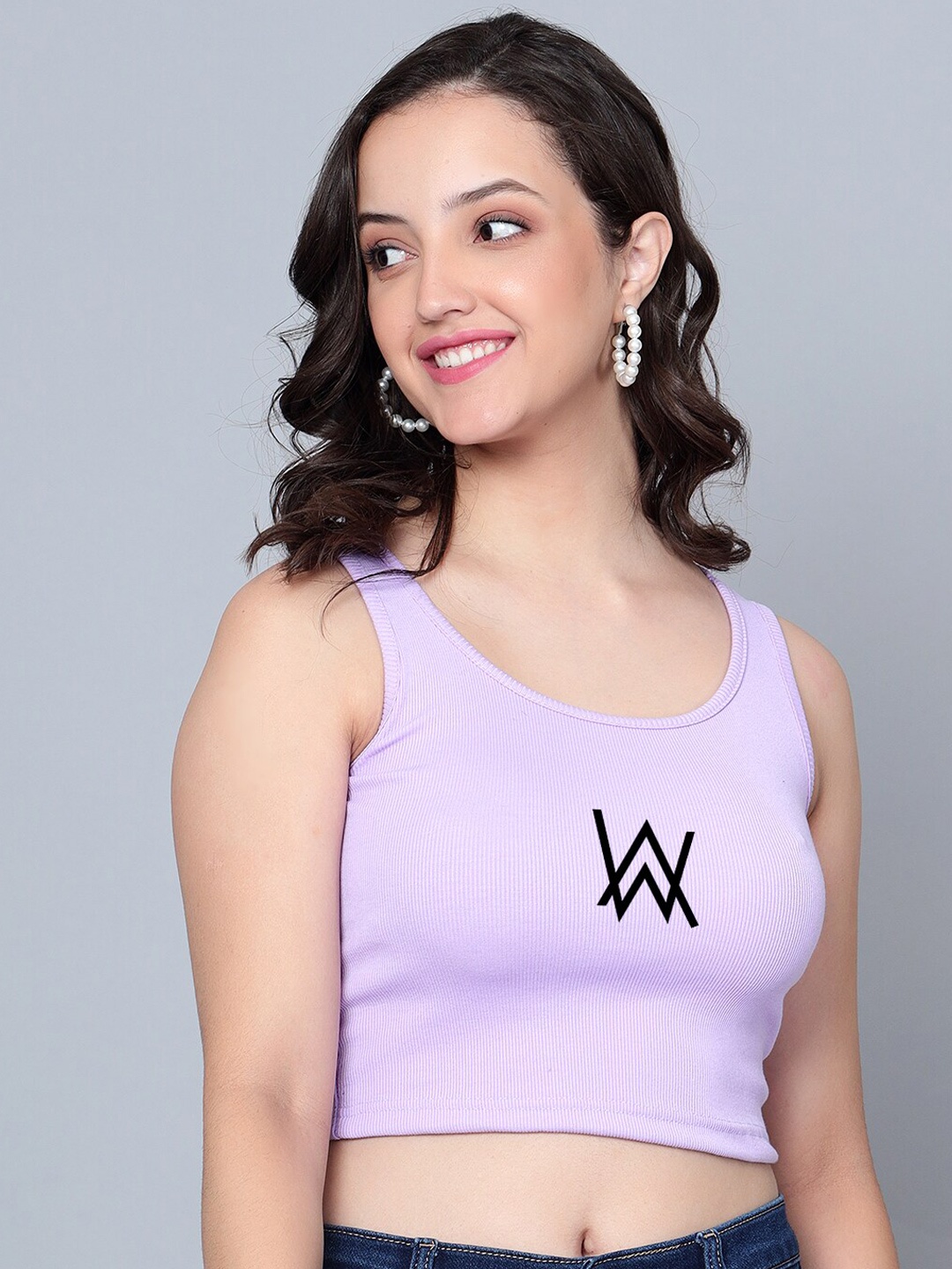 

Fashion And Youth Typography Printed Round Neck Cotton Tank Crop Top, Lavender