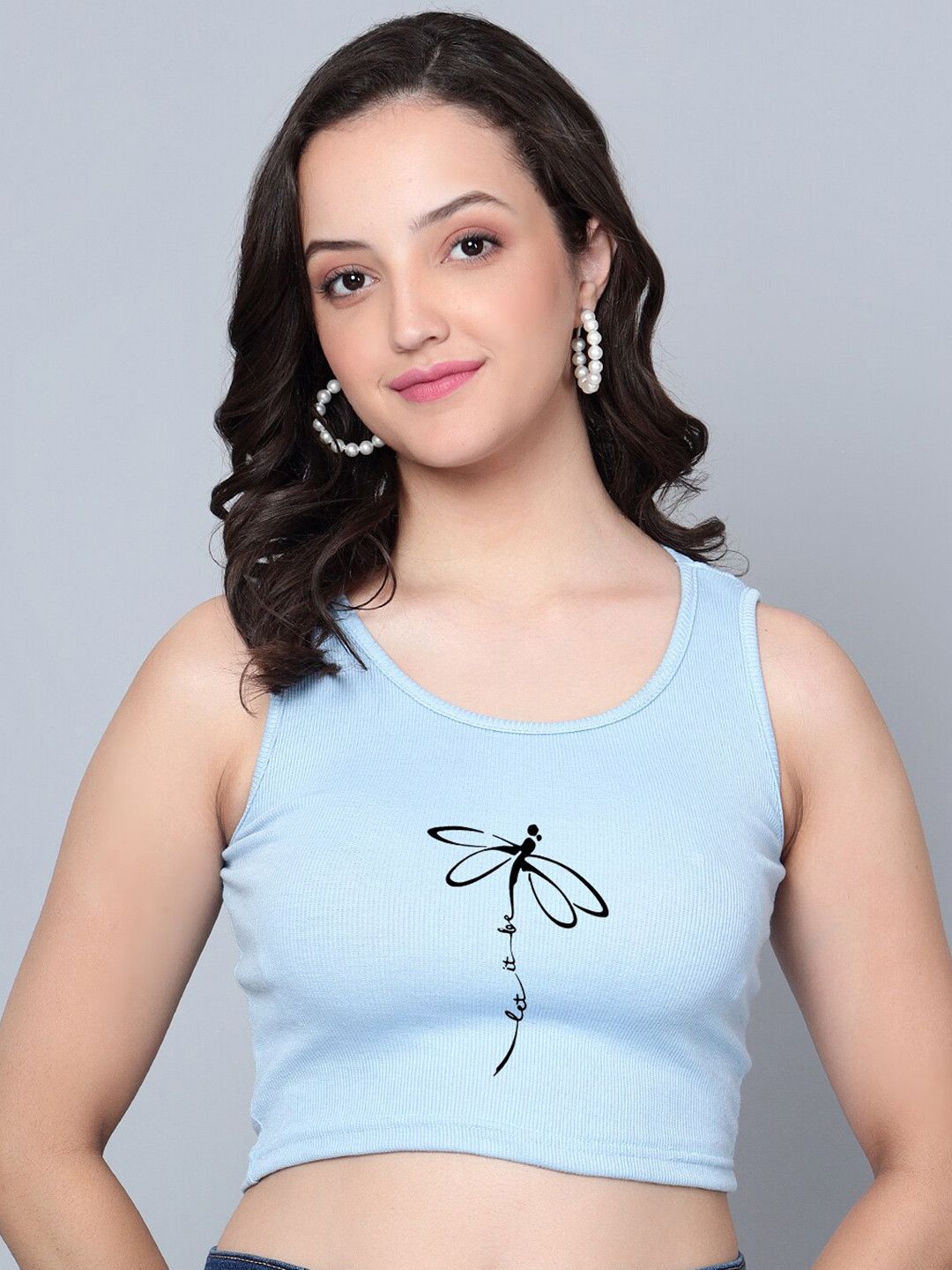 

Fashion And Youth Graphic Printed Ribbed Fitted Crop Top, Turquoise blue