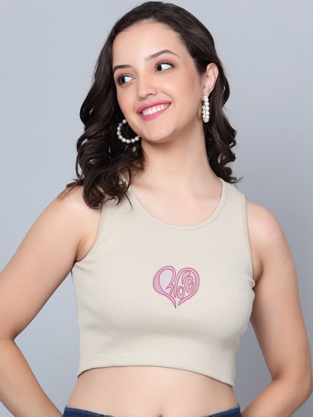 

Fashion And Youth Graphic Printed Crop Top, Beige