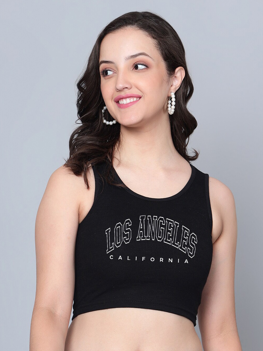 

Fashion And Youth Printed Round Neck Sleeveless Crop Top, Black