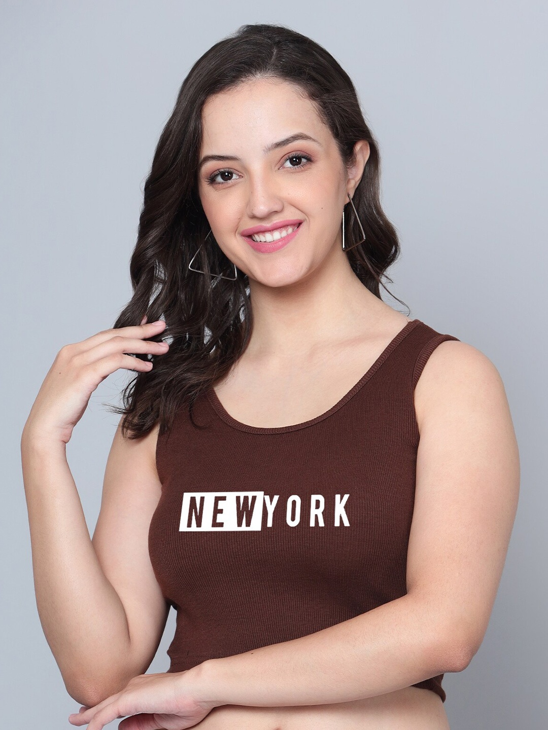 

Fashion And Youth Typography Printed Round Neck Sleeveless Cotton Crop Top, Coffee brown