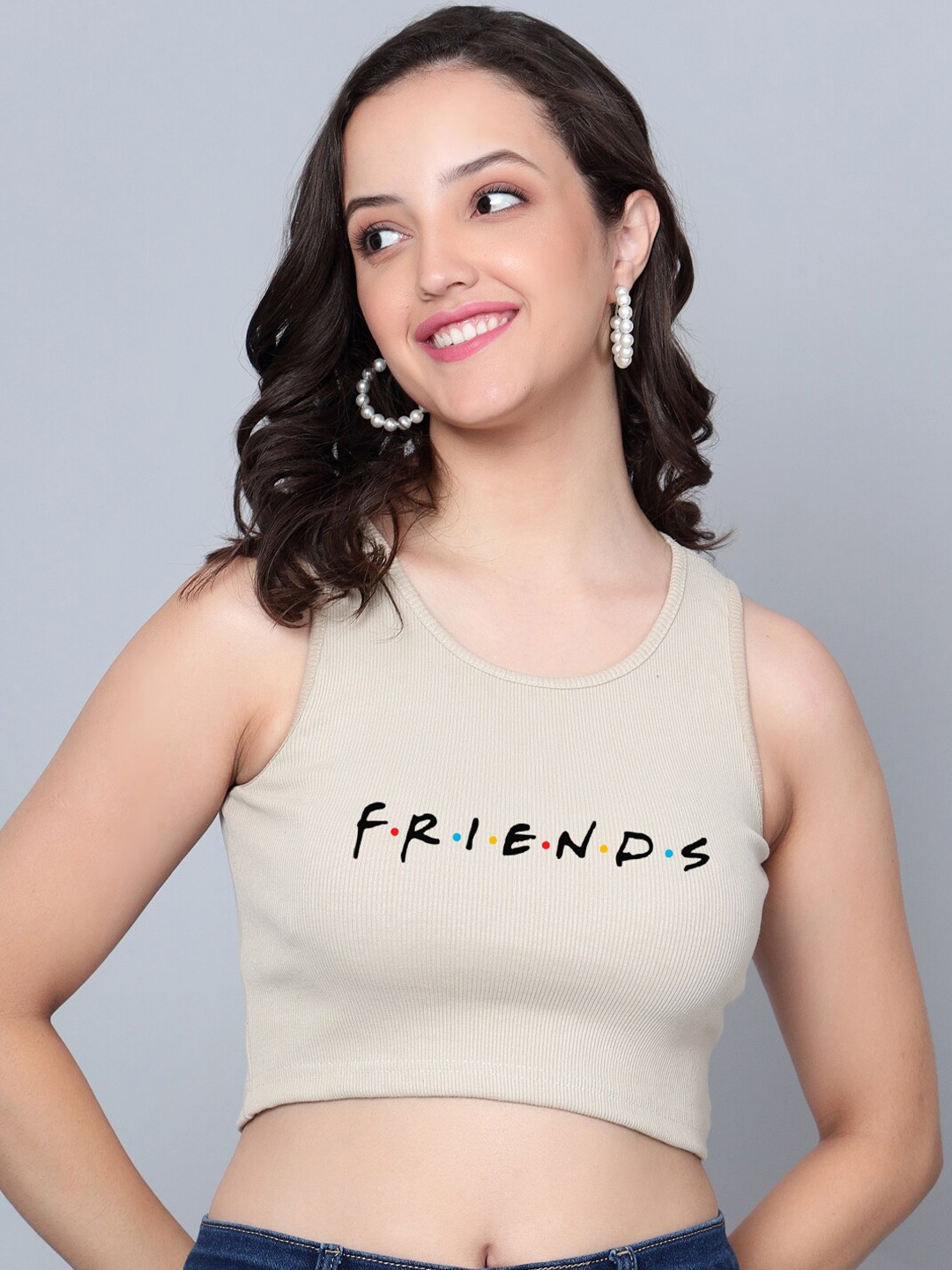 

Fashion And Youth Typography Printed Ribbed Fitted Crop Top, Beige