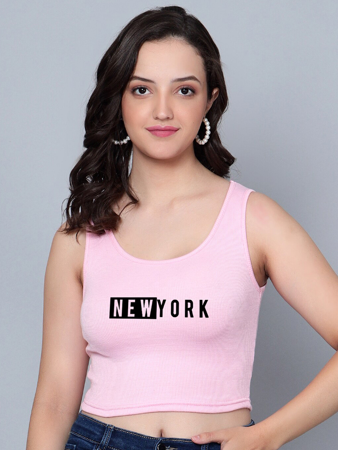 

Fashion And Youth Typography Printed Round Neck Sleeveless Cotton Crop Top, Pink