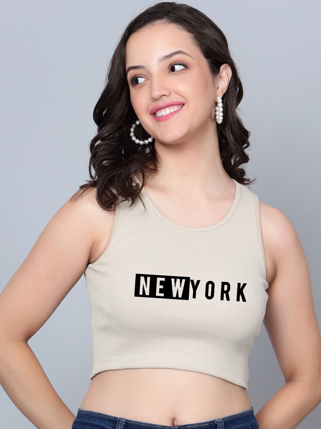 

Fashion And Youth Typography Printed Ribbed Fitted Crop Top, Beige