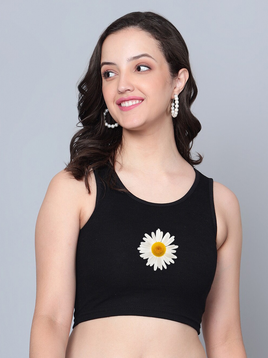 

Fashion And Youth Graphic Printed Round Neck Sleeveless Cotton Crop Top, Black
